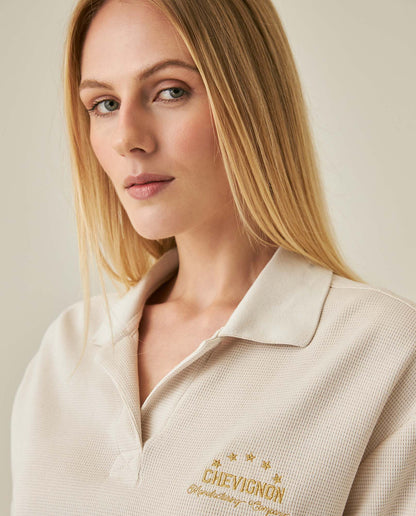 Womens T-Shirt Polo Style Shirt Collar Cotton Blend Waffle Texture - Beige 63_701H025_BEI140002_5
