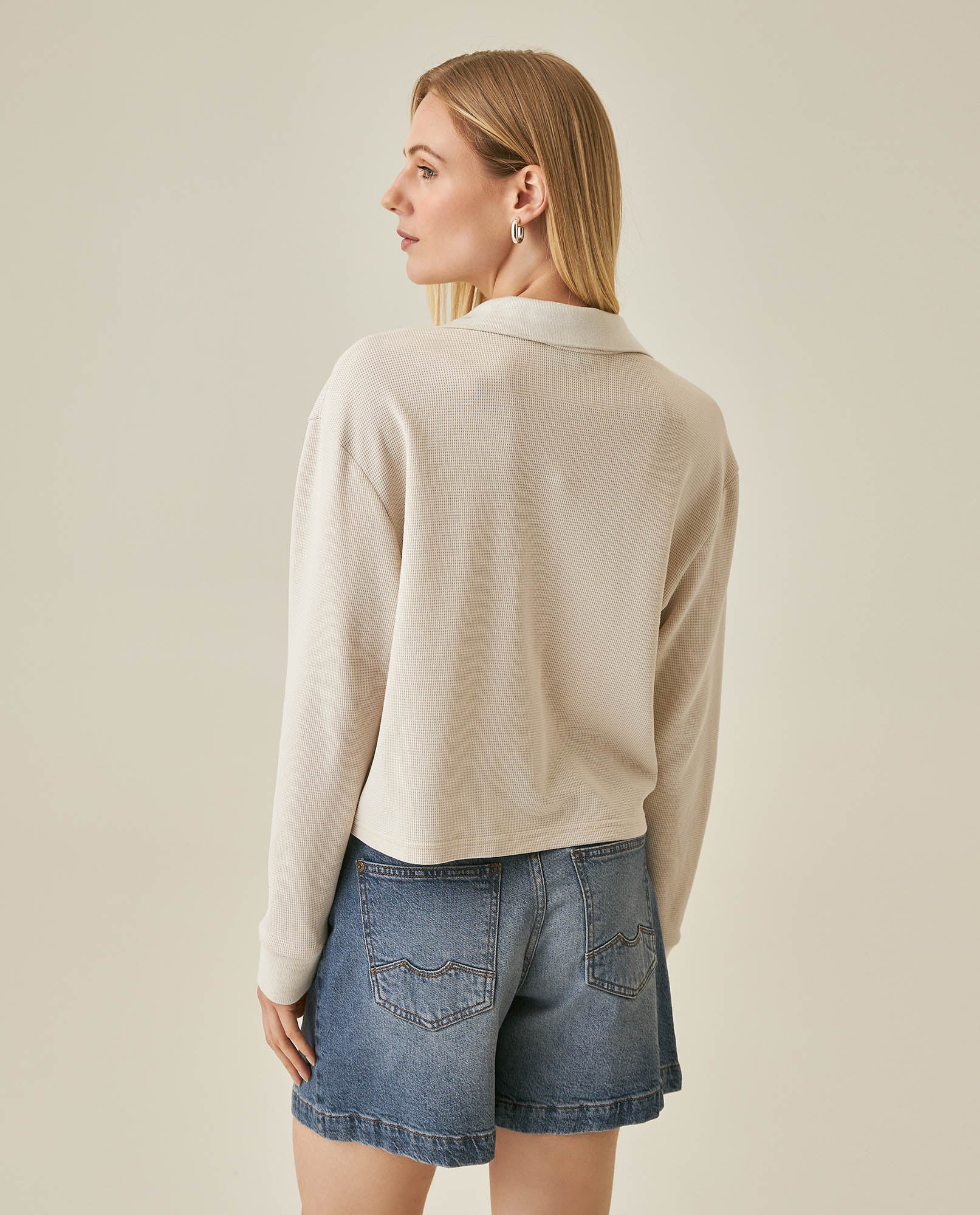 Womens T-Shirt Polo Style Shirt Collar Cotton Blend Waffle Texture - Beige 63_701H025_BEI140002_6