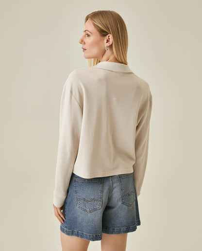 Womens T-Shirt Polo Style Shirt Collar Cotton Blend Waffle Texture - Beige 63_701H025_BEI140002_6