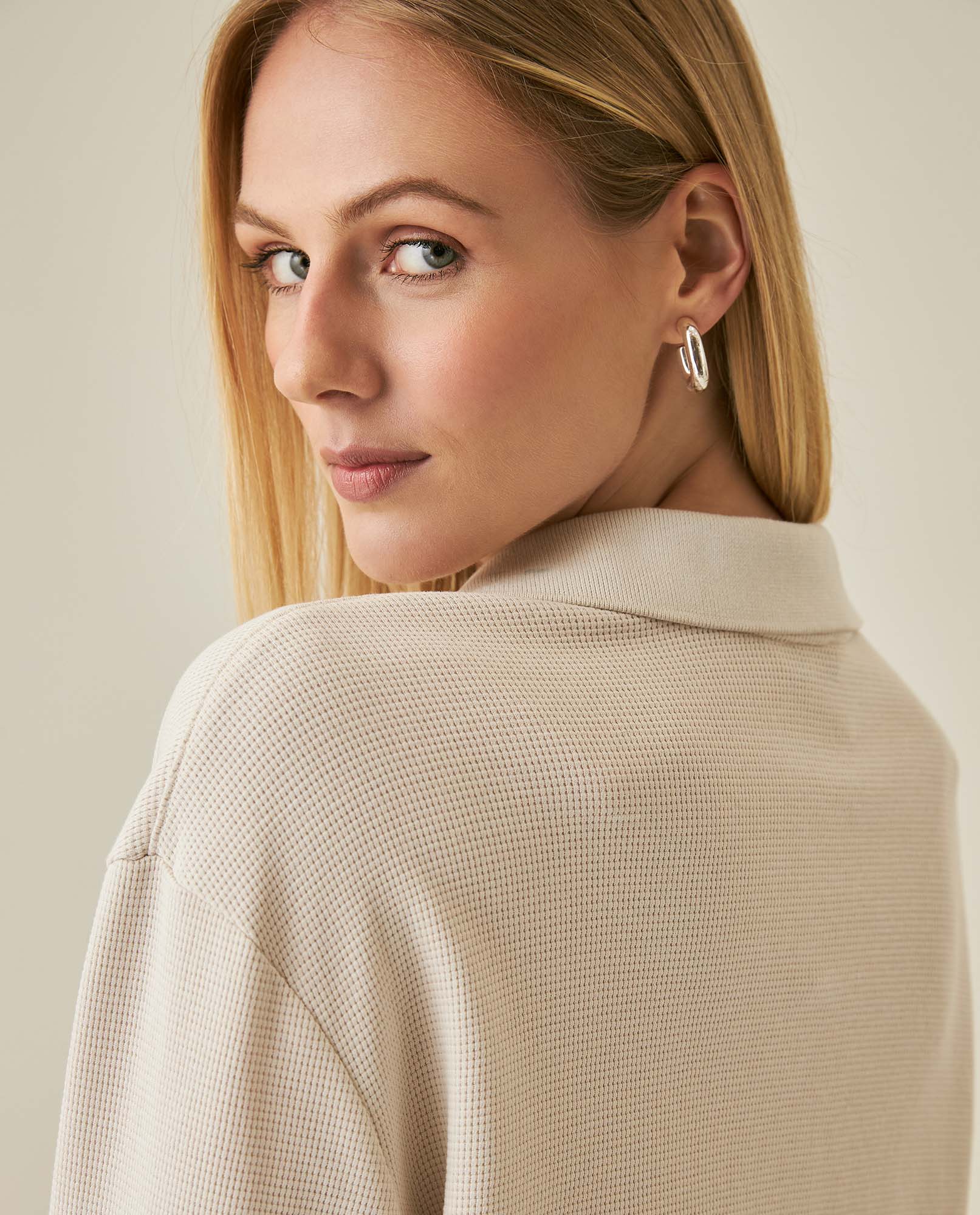 Womens T-Shirt Polo Style Shirt Collar Cotton Blend Waffle Texture - Beige 63_701H025_BEI140002_7