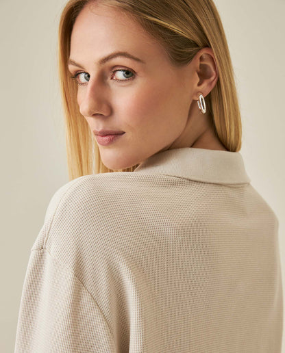 Womens T-Shirt Polo Style Shirt Collar Cotton Blend Waffle Texture - Beige 63_701H025_BEI140002_7