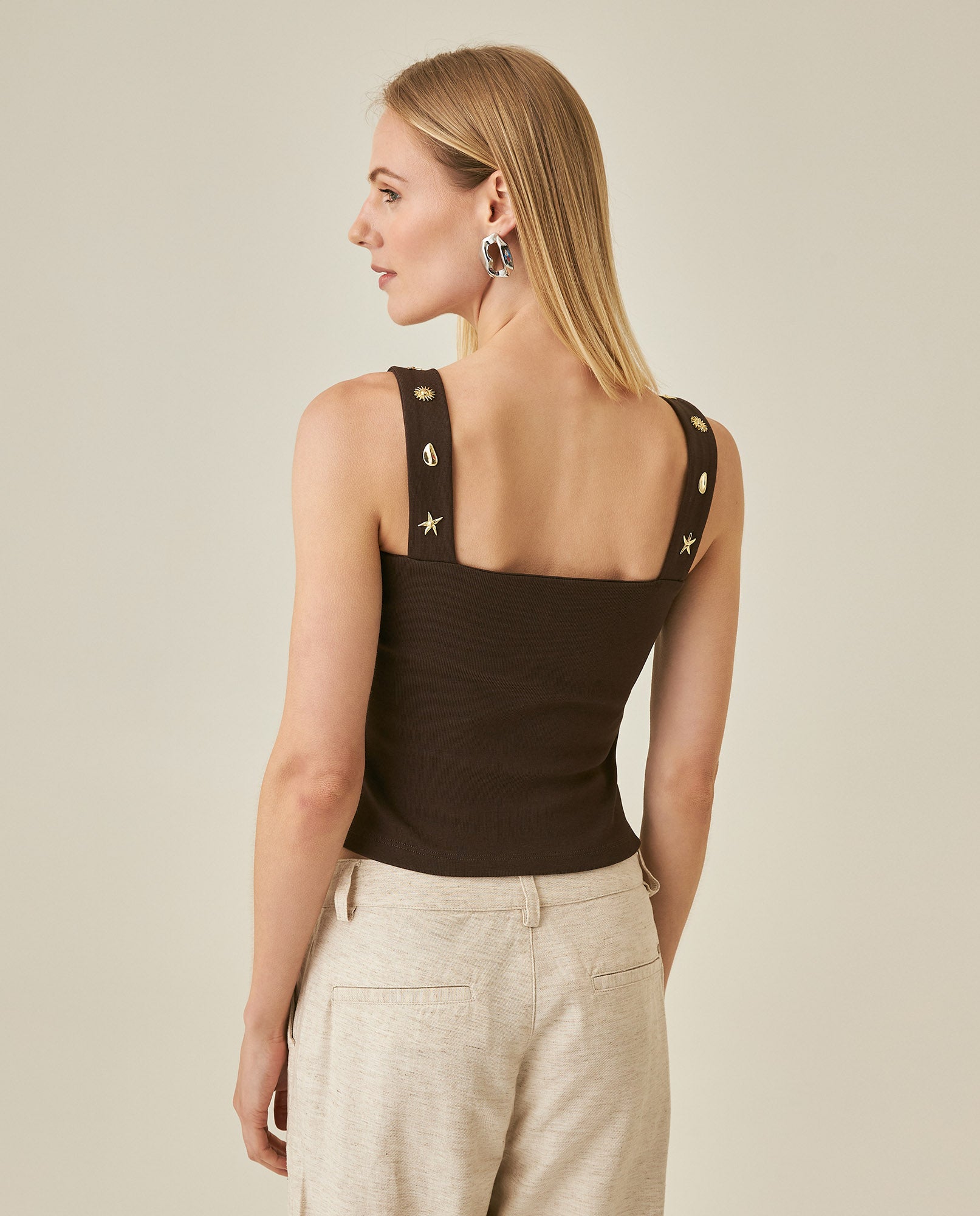 Womens T-Shirt Fitted Tank Straps Cotton–Elastane Studded Straps Ribbed - Brown 63_701H026_CAF191016_6