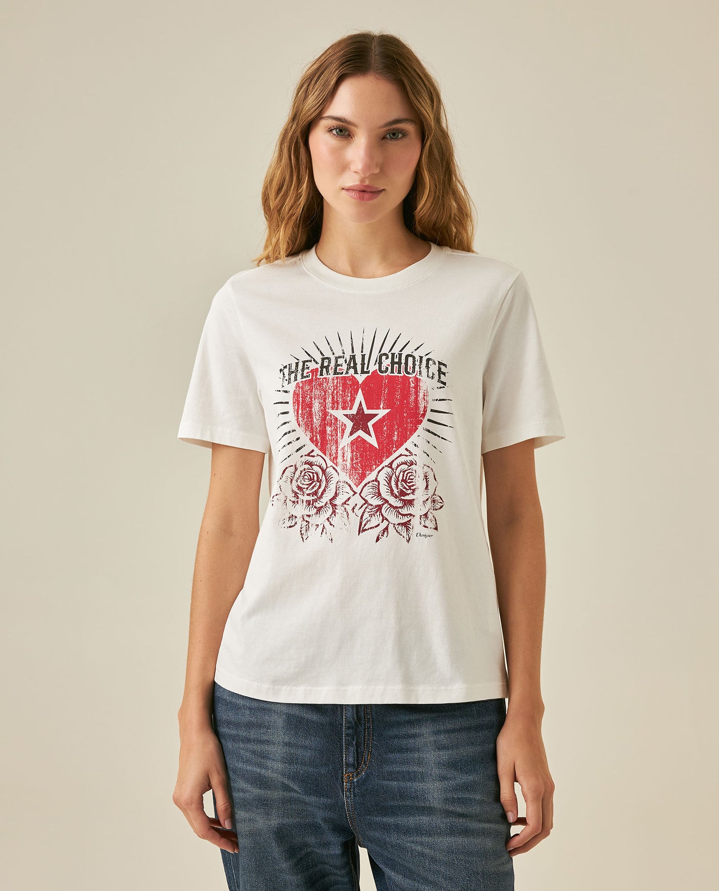 Womens T-Shirt Graphic Slim Fit Cotton The Real Choice Heart Print - White 63_701H029_BLA110601_0