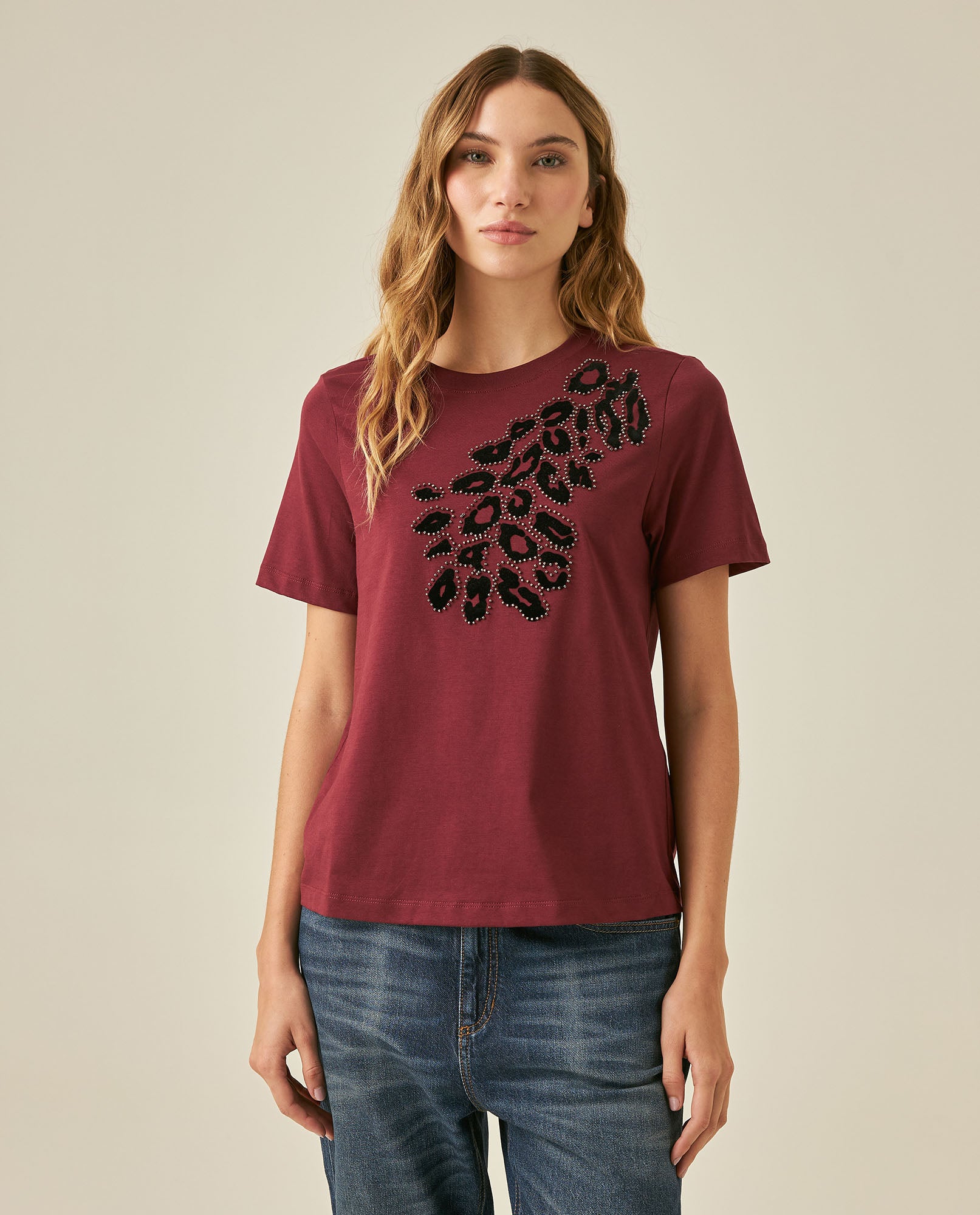 Womens T-Shirt Graphic Slim Fit Cotton Animal Print Flock Rhinestones - Red 63_701H030_ROJ191522_0