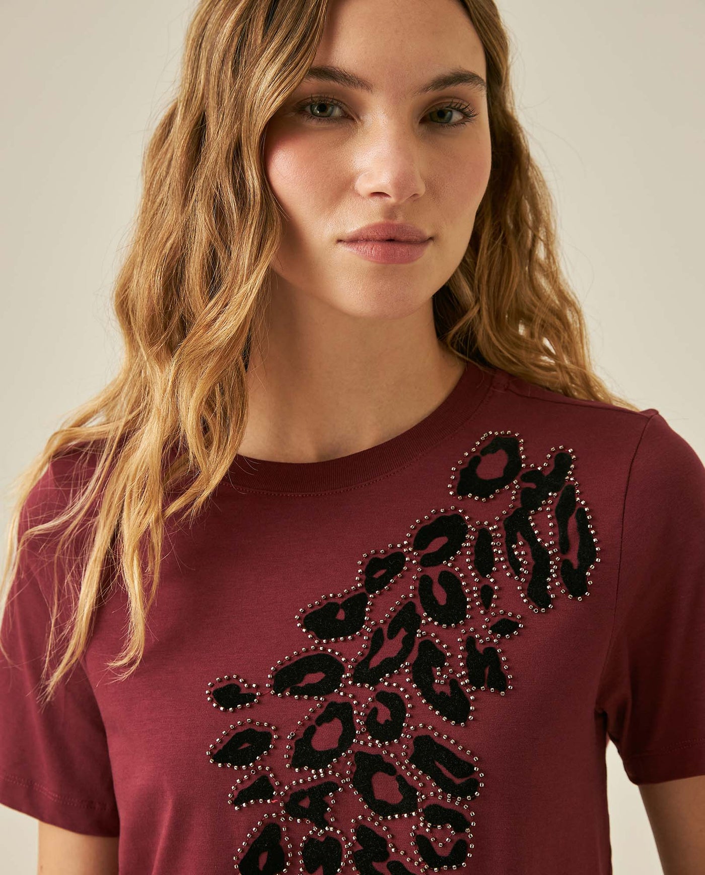 Womens T-Shirt Graphic Slim Fit Cotton Animal Print Flock Rhinestones - Red 63_701H030_ROJ191522_5