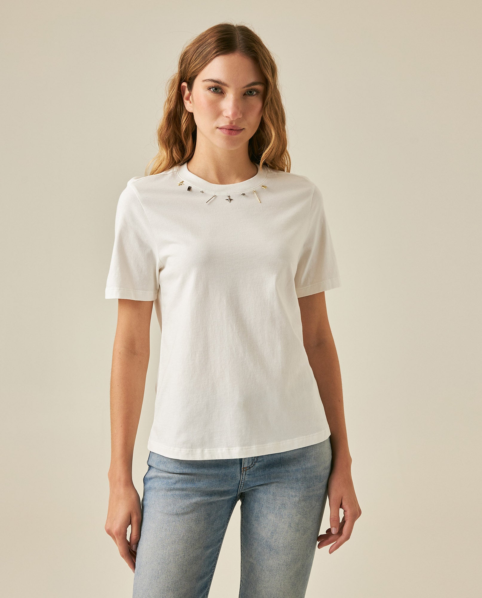 Womens T-Shirt Slim Fit Cotton Charm Neckline Detail - White 63_701H031_BLA110601_0