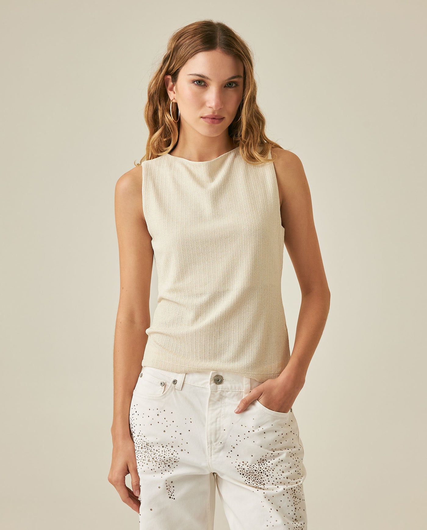 Womens T-Shirt Crewneck Sleeveless Polyester Blend Metallic Fiber Silver Lurex - Raw 63_701H032_CRU125202_0