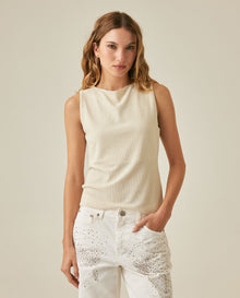 Womens T-Shirt Crewneck Sleeveless Polyester Blend Metallic Fiber Silver Lurex - Raw 63_701H032_CRU125202_0