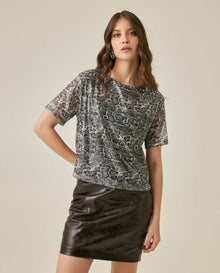 Womens T-Shirt Oversized Crewneck Polyester Blend Animal Print Sequins Mesh Lining - Black 63_701H036_NEG194004_0