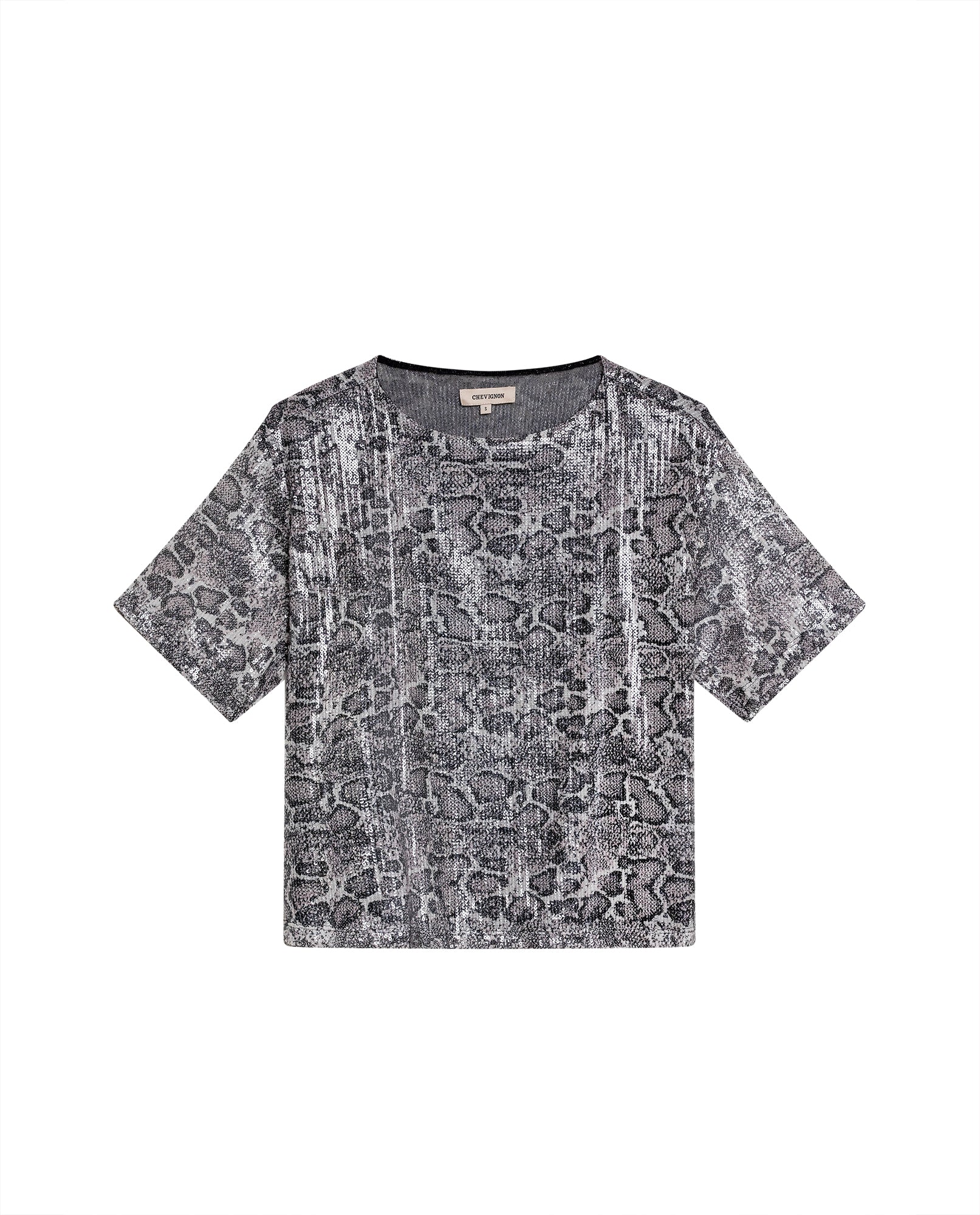 Womens T-Shirt Oversized Crewneck Polyester Blend Animal Print Sequins Mesh Lining - Black 63_701H036_NEG194004_3