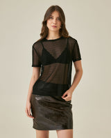 Womens T-Shirt Straight Silhouette Crewneck Polyester Blend Mesh Dotted Texture Sheer - Black 63_701H037_NEG194004_0