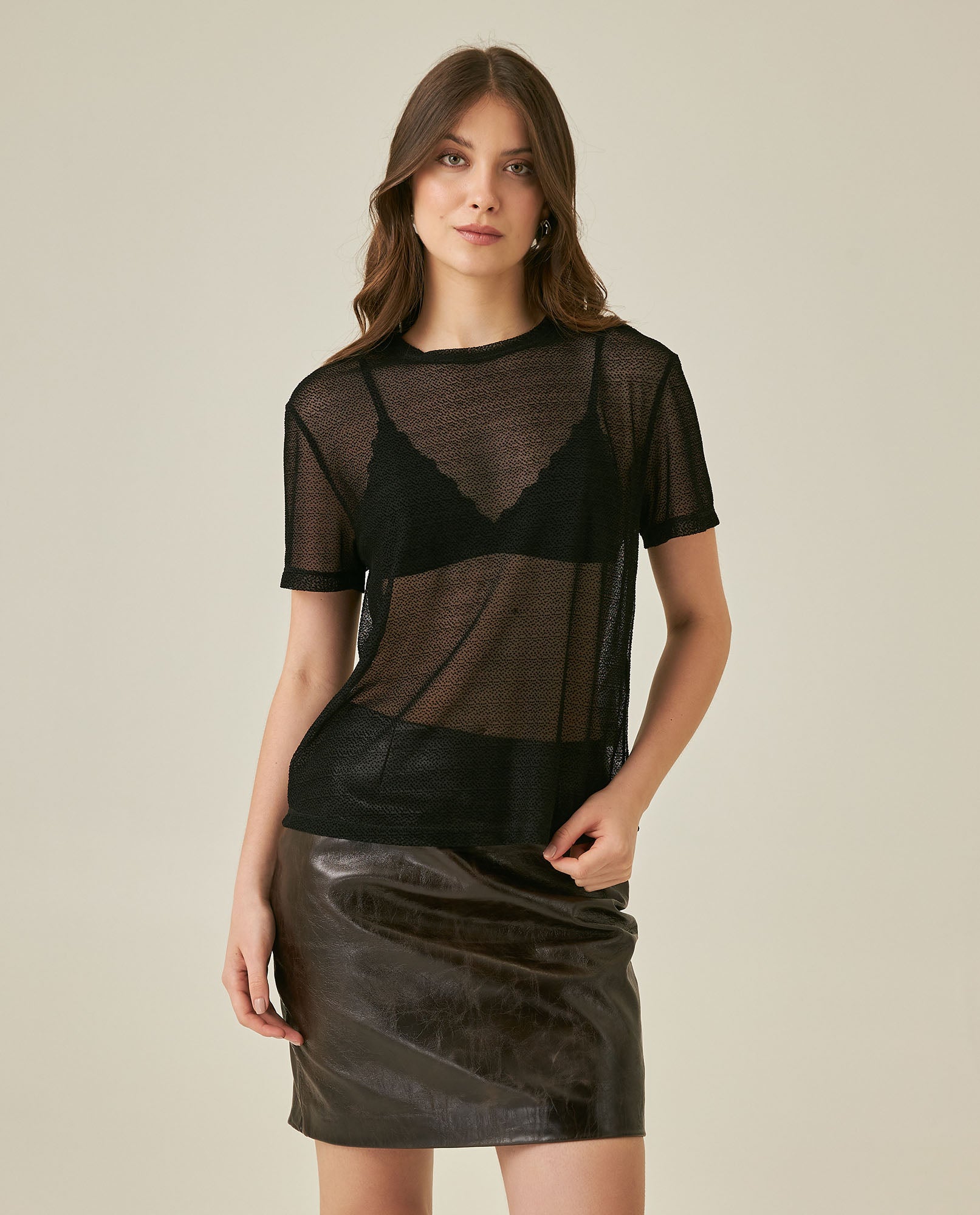 Womens T-Shirt Straight Silhouette Crewneck Polyester Blend Mesh Dotted Texture Sheer - Black 63_701H037_NEG194004_0