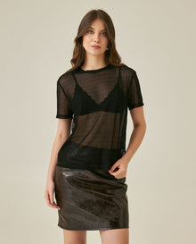 Womens T-Shirt Straight Silhouette Crewneck Polyester Blend Mesh Dotted Texture Sheer - Black 63_701H037_NEG194004_0