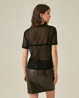 Womens T-Shirt Straight Silhouette Crewneck Polyester Blend Mesh Dotted Texture Sheer - Black 63_701H037_NEG194004_6