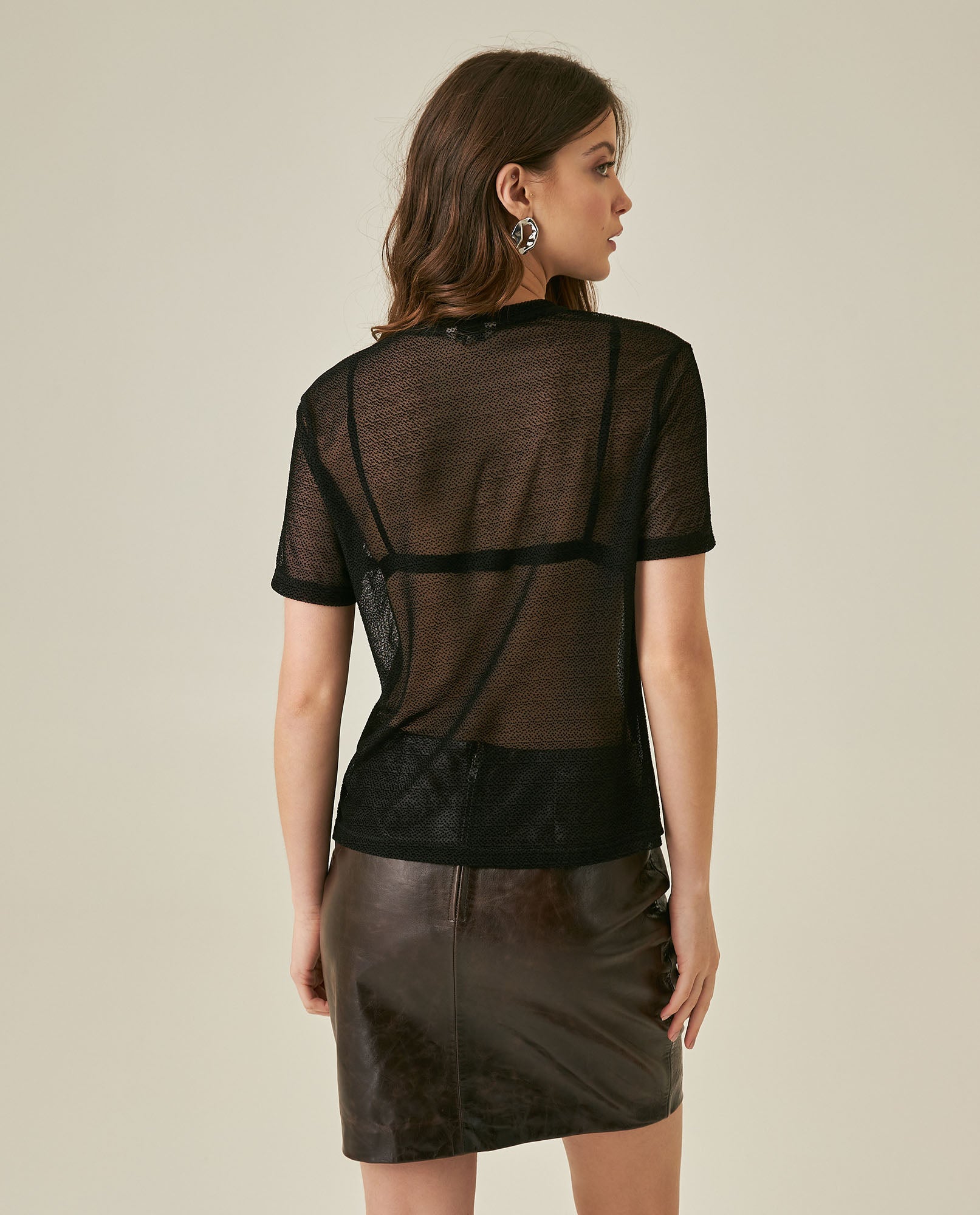 Womens T-Shirt Straight Silhouette Crewneck Polyester Blend Mesh Dotted Texture Sheer - Black 63_701H037_NEG194004_6