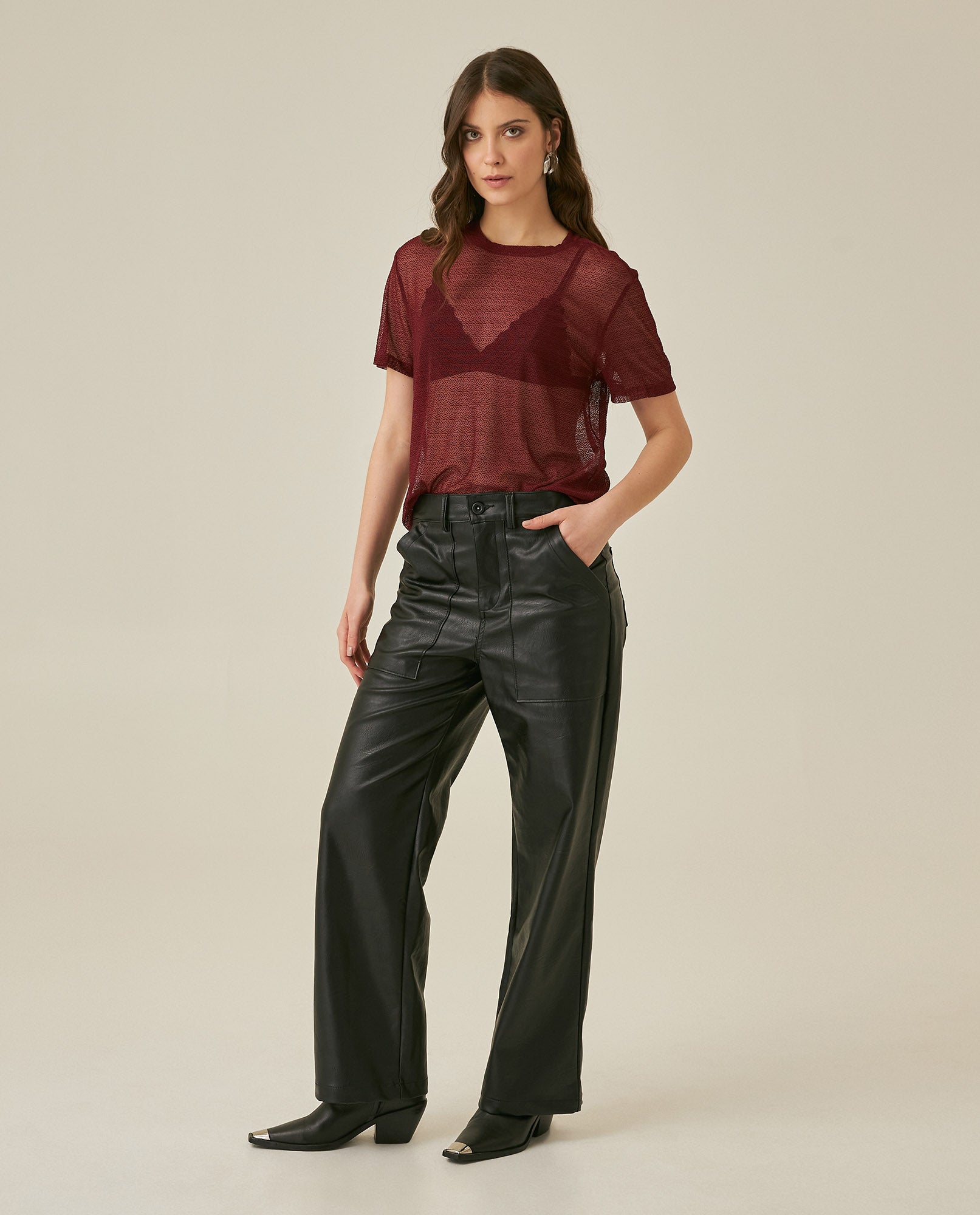 Womens T-Shirt Straight Silhouette Crewneck Polyester Blend Mesh Dotted Texture Sheer - Red 63_701H037_ROJ191522_4