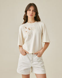 Womens T-Shirt Oversized Cotton Diagonal Floral Embroidery - Raw 63_701H038_CRU110606_0
