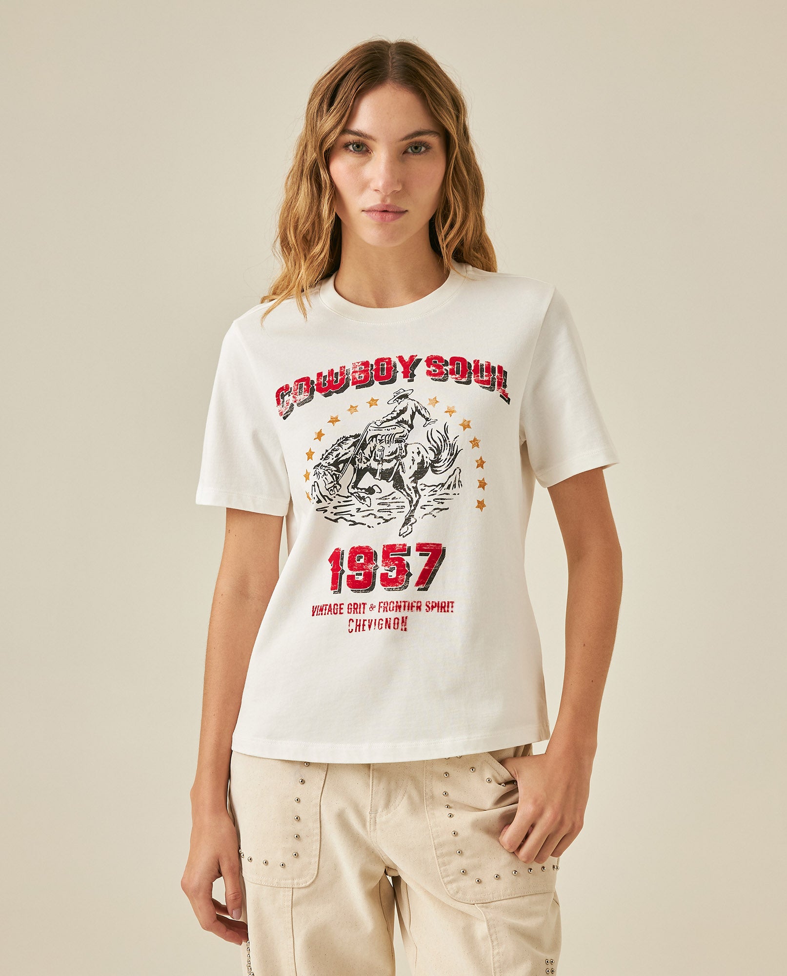 Womens T-Shirt Rodeo Graphic Slim Fit Cotton Heavier Cowboy Flock Rhinestones - Raw 63_701H701_CRU110606_0