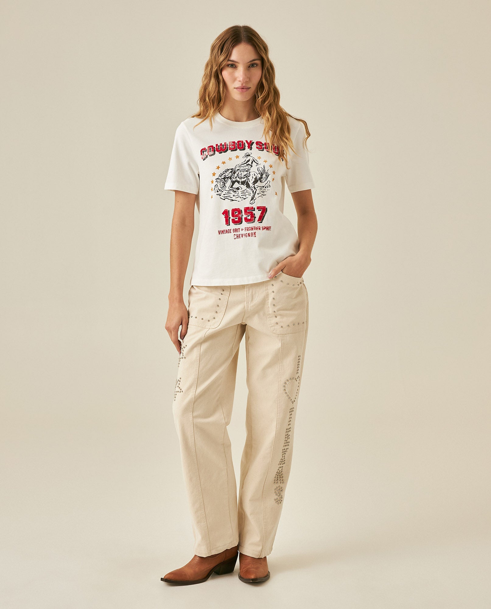 Womens T-Shirt Rodeo Graphic Slim Fit Cotton Heavier Cowboy Flock Rhinestones - Raw 63_701H701_CRU110606_4