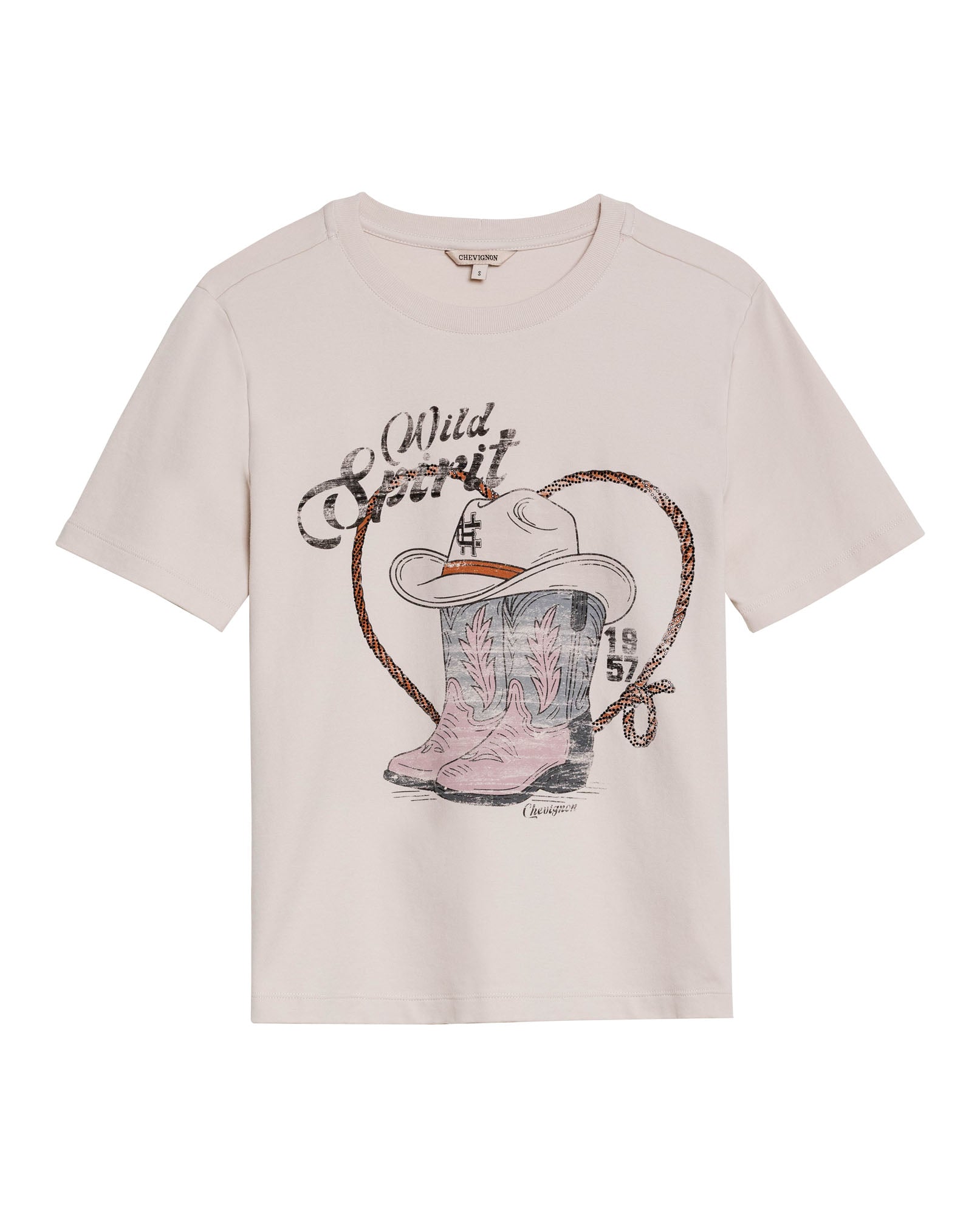 Womens T-Shirt Rodeo Graphic Slim Fit Cotton Heavier Texan Boots Rhinestones - Beige 63_701H703_BEI140002_3