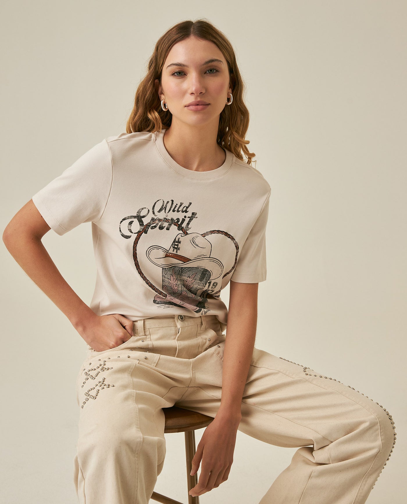 Womens T-Shirt Rodeo Graphic Slim Fit Cotton Heavier Texan Boots Rhinestones - Beige 63_701H703_BEI140002_4