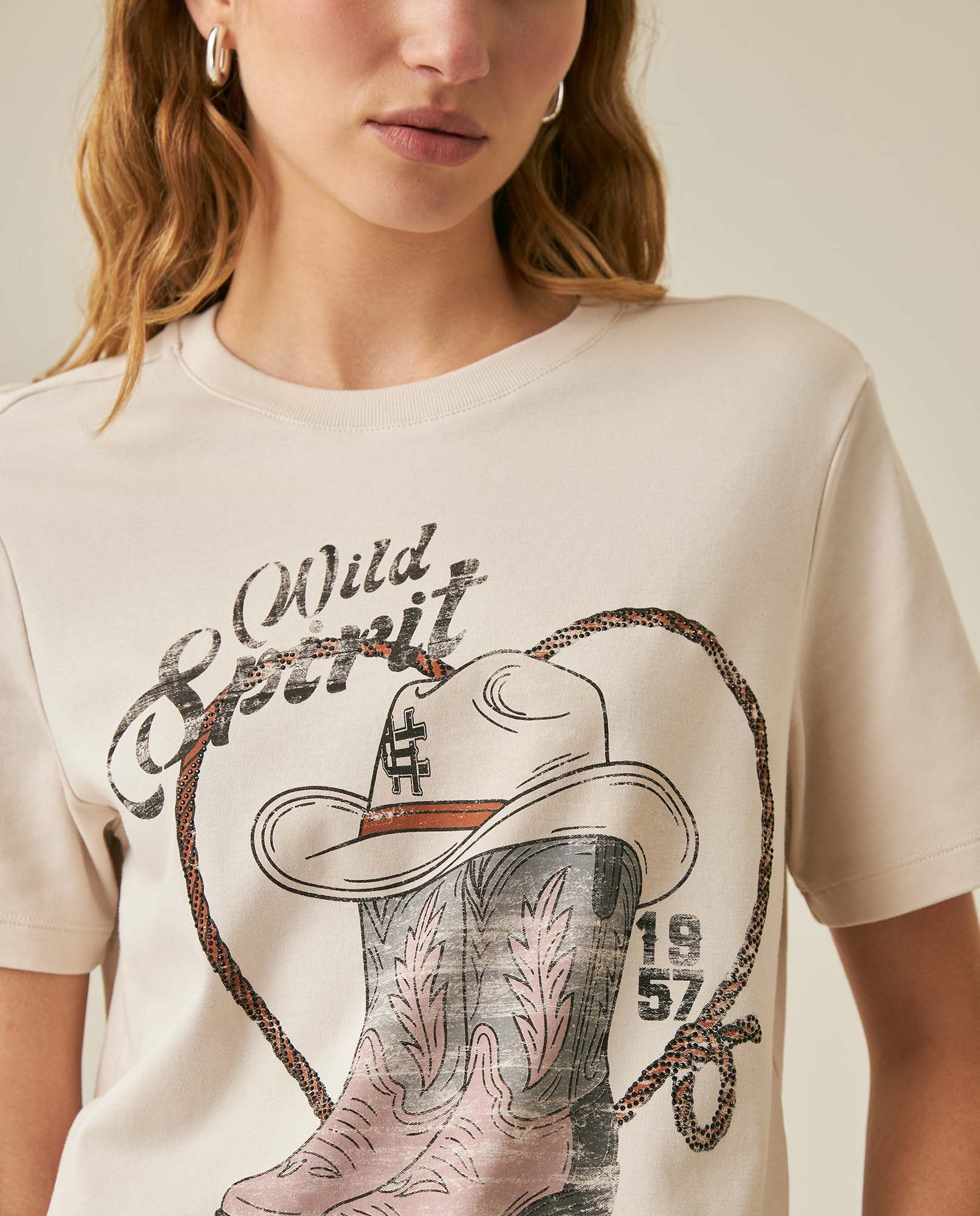 Womens T-Shirt Rodeo Graphic Slim Fit Cotton Heavier Texan Boots Rhinestones - Beige 63_701H703_BEI140002_5