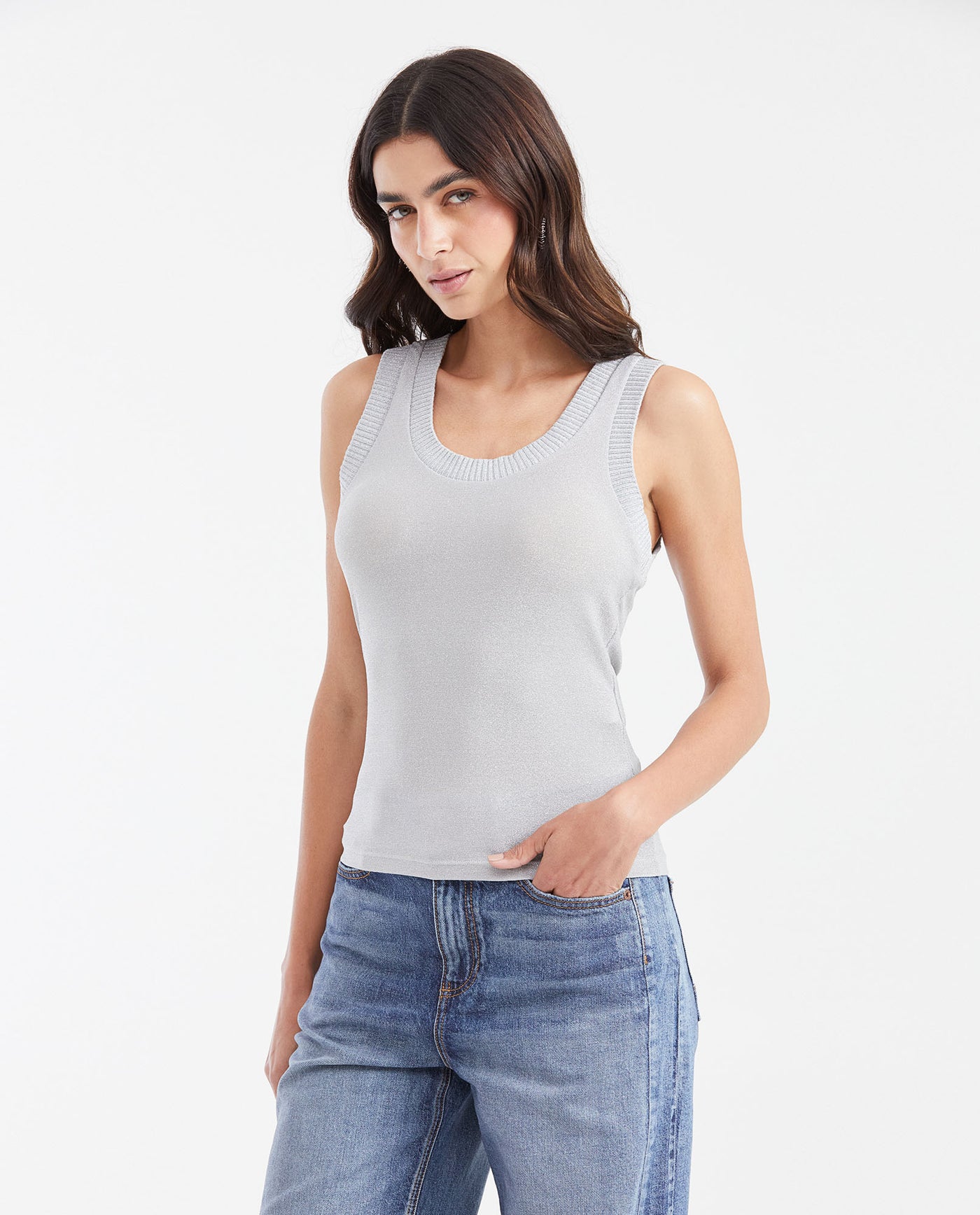 Women's Fitted Tank Top with Deep Round Neckline in Nylon-Modal-Elastane Rib - 1