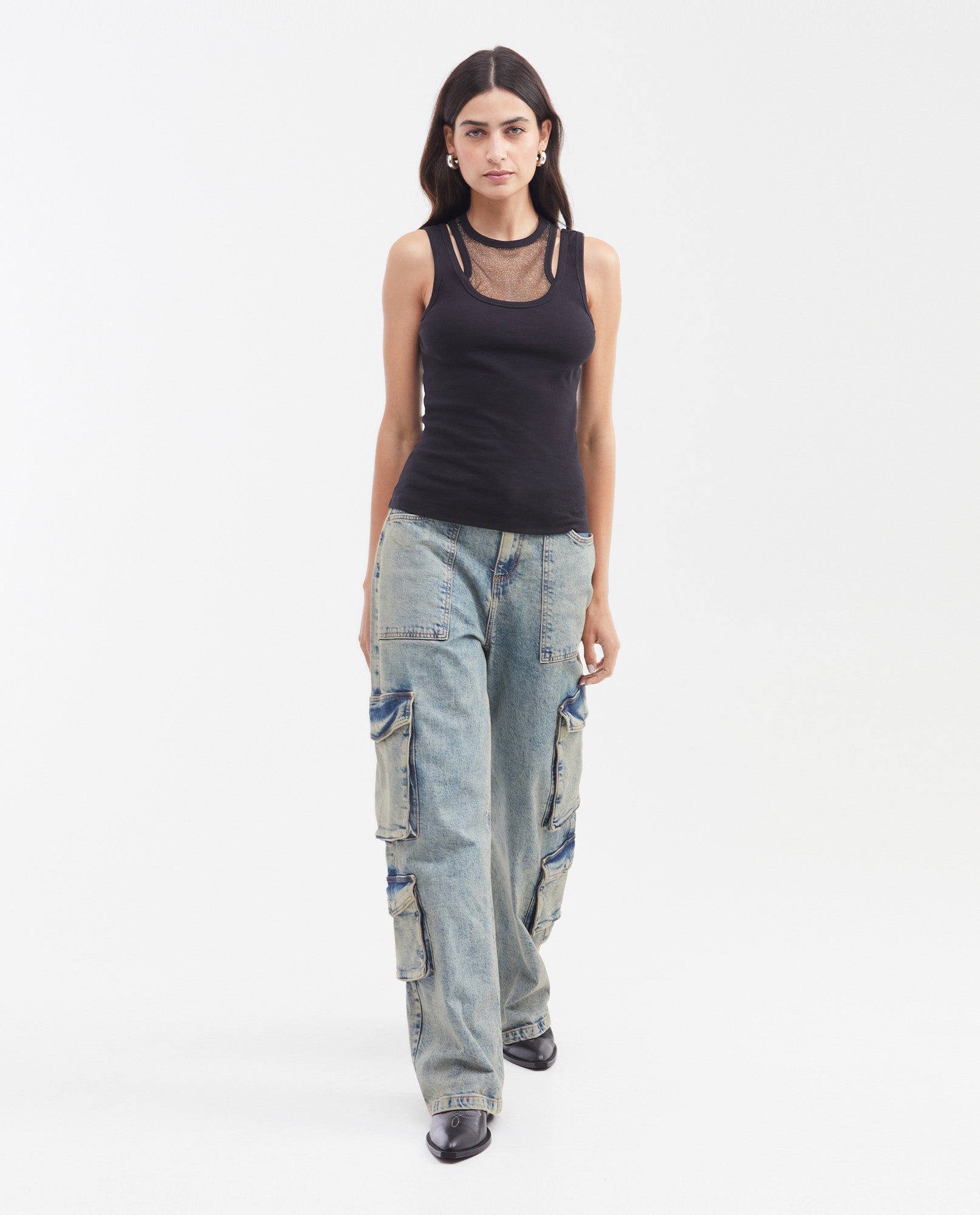 Women's Fitted Double-Layer Tank Top with Gold Lurex Mesh Insert in Cotton-Elastane - 2