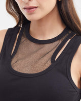 Women's Fitted Double-Layer Tank Top with Gold Lurex Mesh Insert in Cotton-Elastane - 3