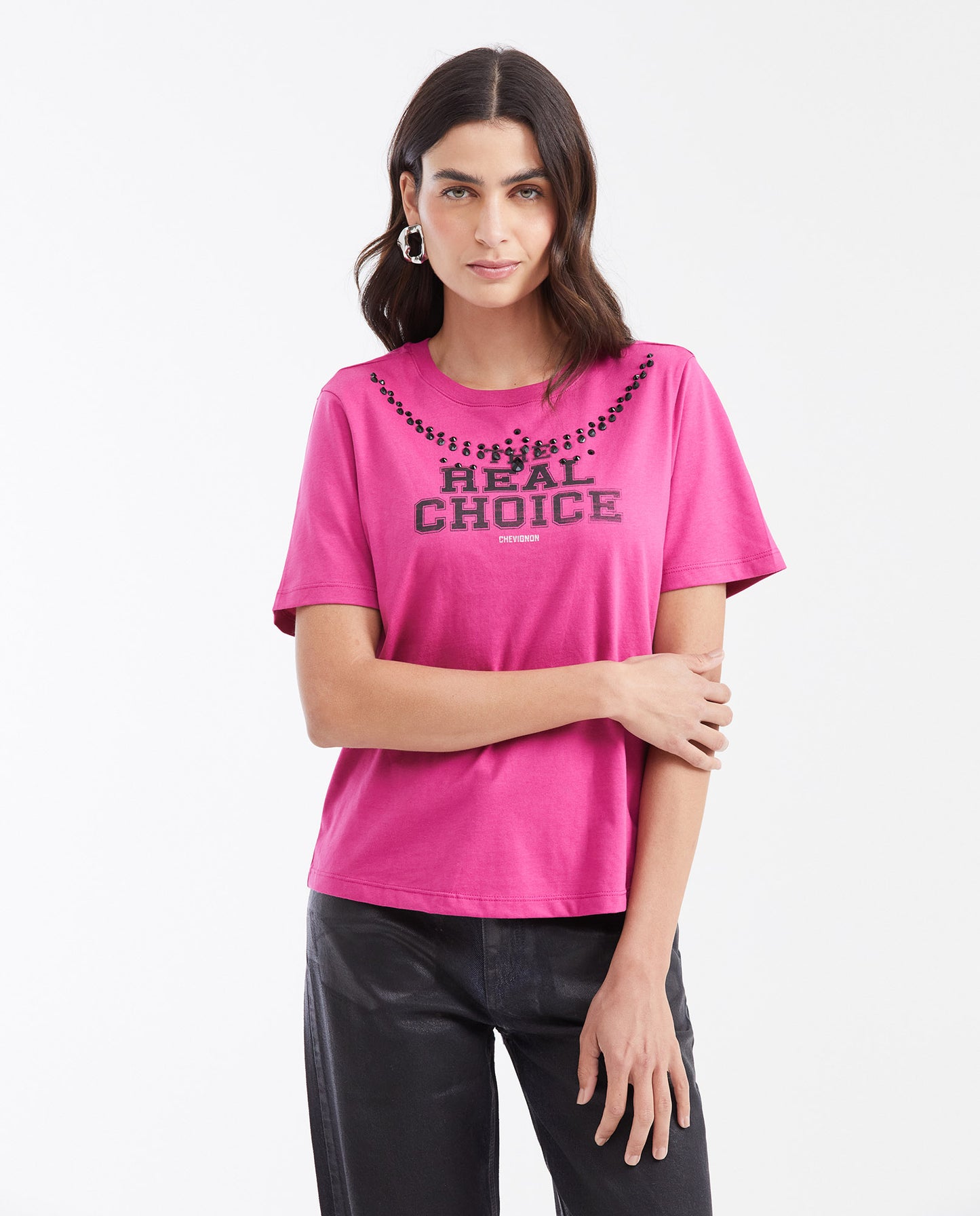 Women's Printed T-shirt with Stone Detail - Pink - 1