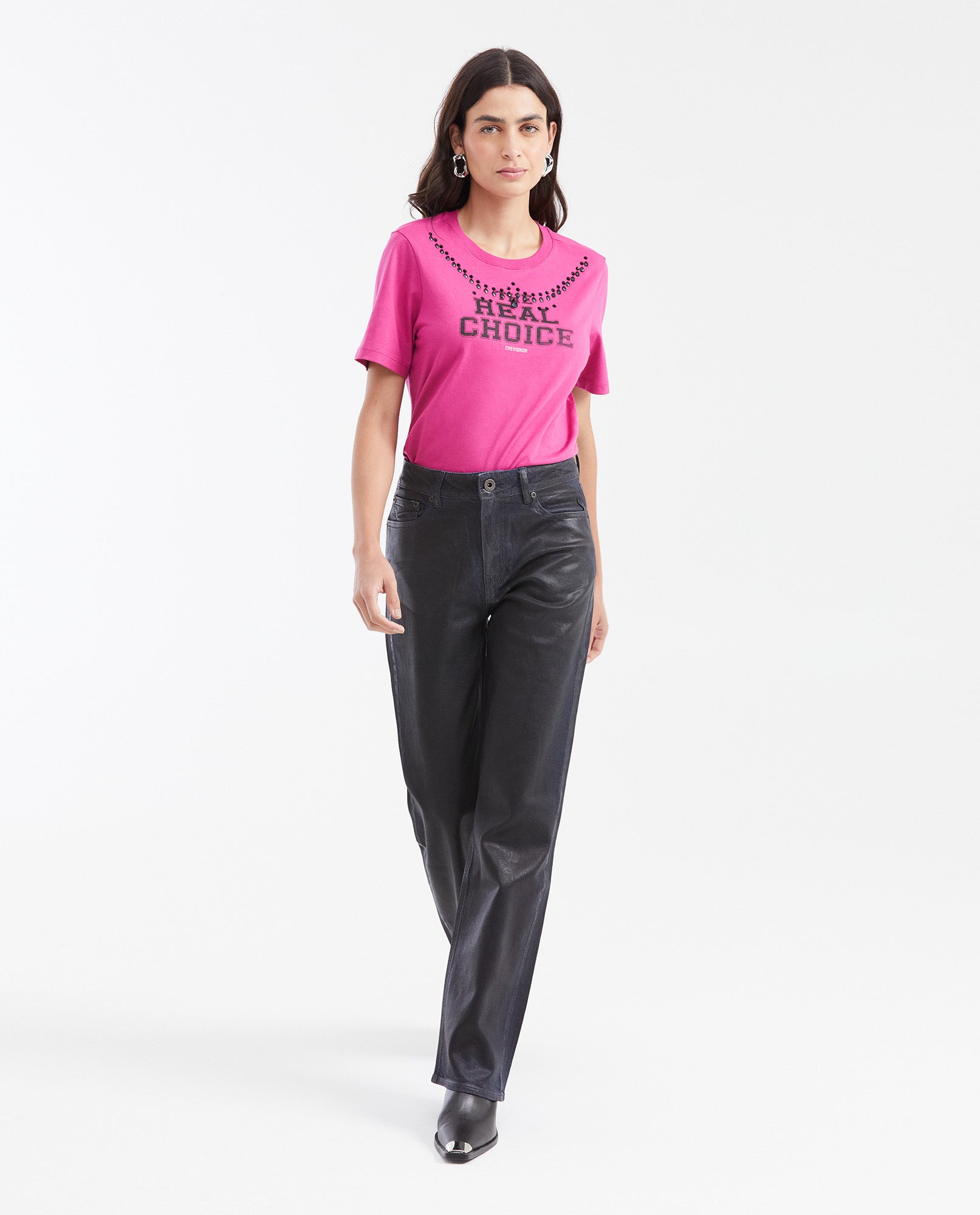 Women's Printed T-shirt with Stone Detail - Pink - 2