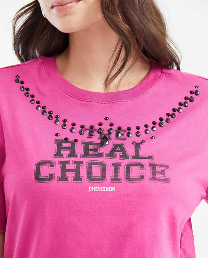 Women's Printed T-shirt with Stone Detail - Pink - 3