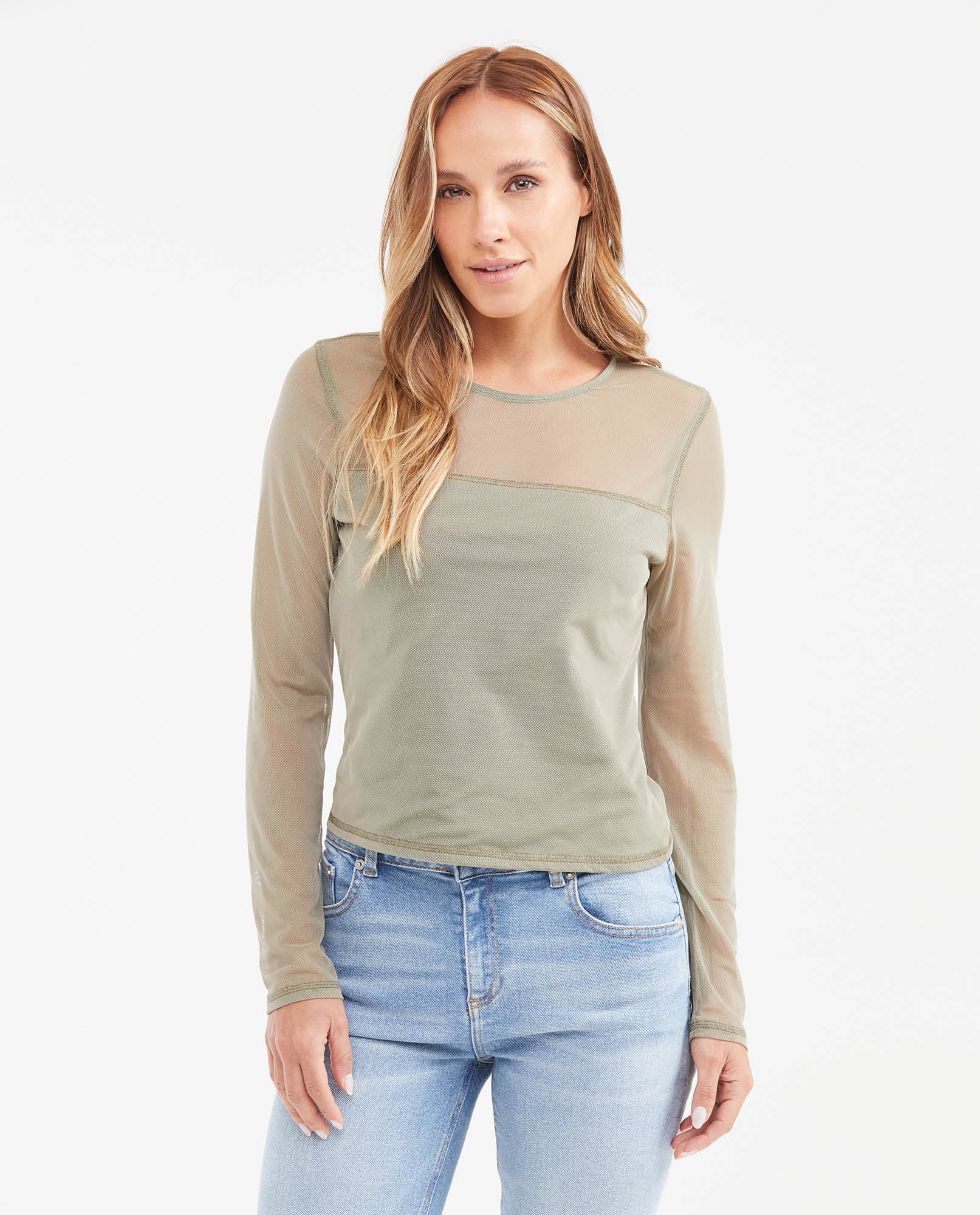 Women's Fitted Long Sleeve Semi-Sheer Mesh Top with Cotton Lining in Polyester-Elastane 63_702G024_VER180521_0