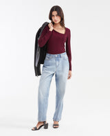Women's Fitted Asymmetric Neckline Long Sleeve Top with Lurex in Nylon-Elastane - 2