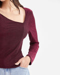 Women's Fitted Asymmetric Neckline Long Sleeve Top with Lurex in Nylon-Elastane - 3
