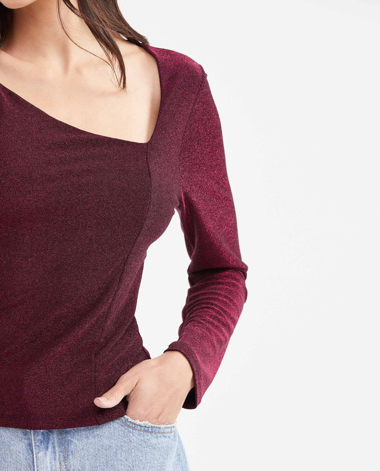 Women's Fitted Asymmetric Neckline Long Sleeve Top with Lurex in Nylon-Elastane - 3