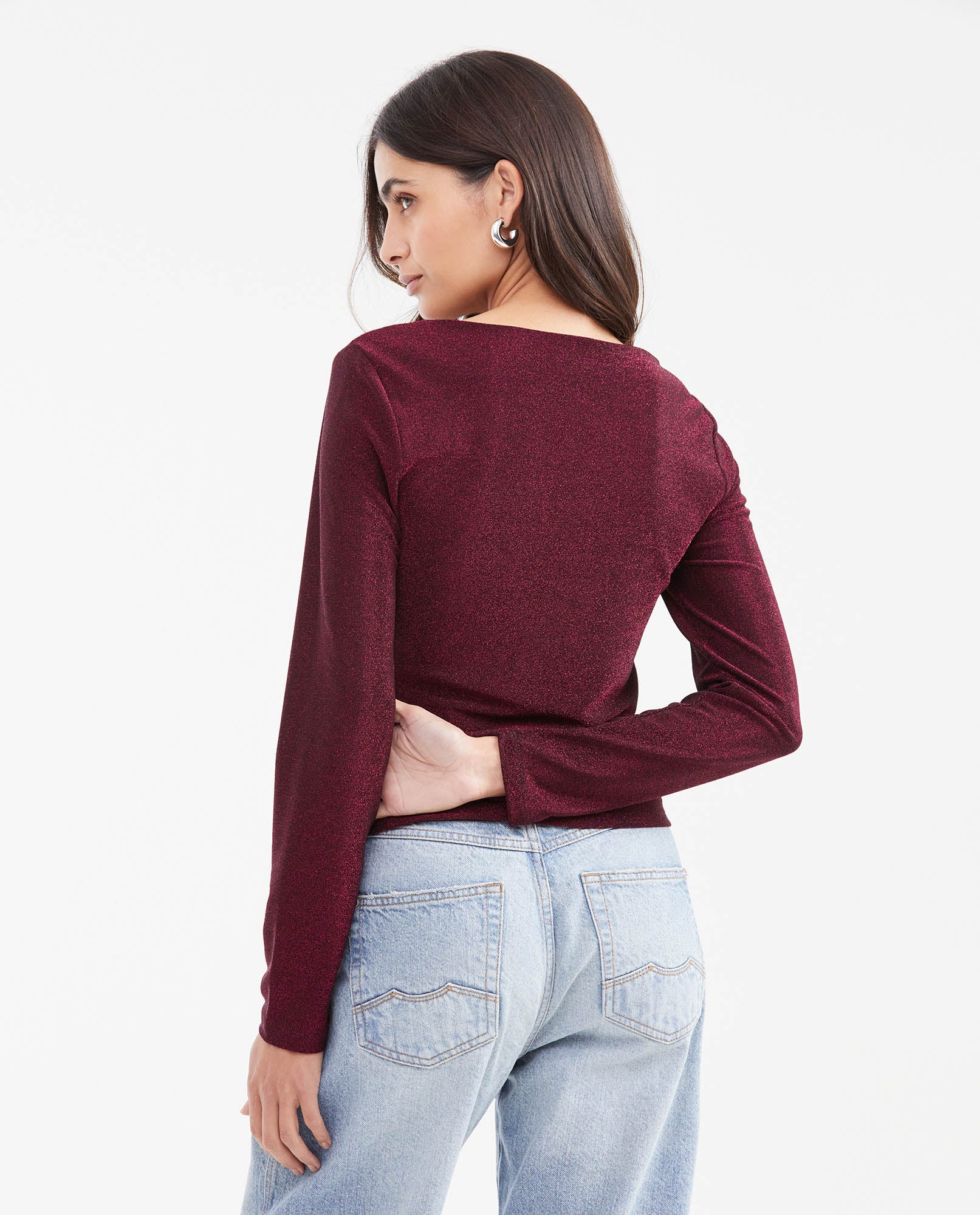 Women's Fitted Asymmetric Neckline Long Sleeve Top with Lurex in Nylon-Elastane - 4
