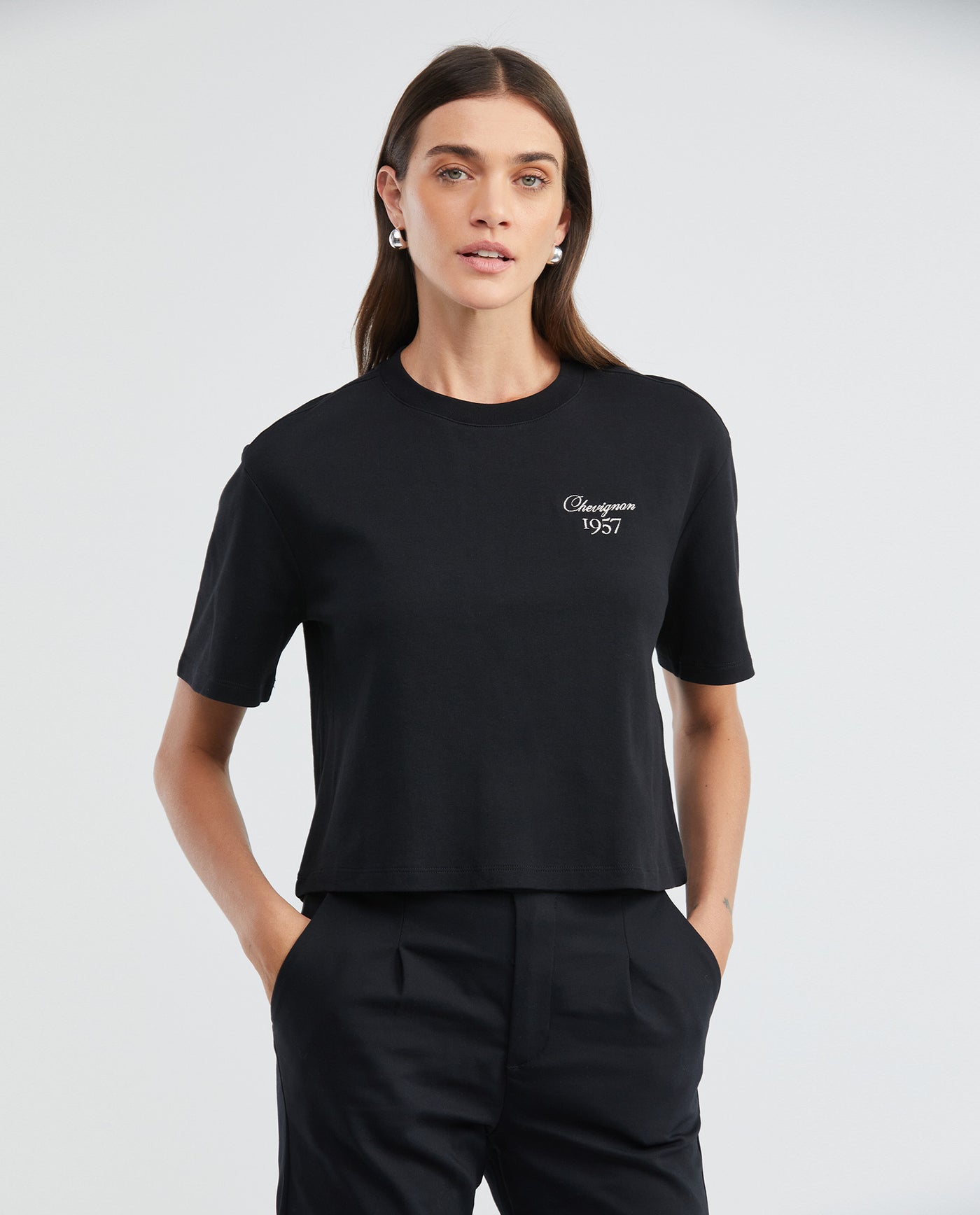 Women's Essential Oversized Crop T-Shirt High Ribbed Neck Lurex Embroidery 100% Cotton 63_704F001_NEG194007_0