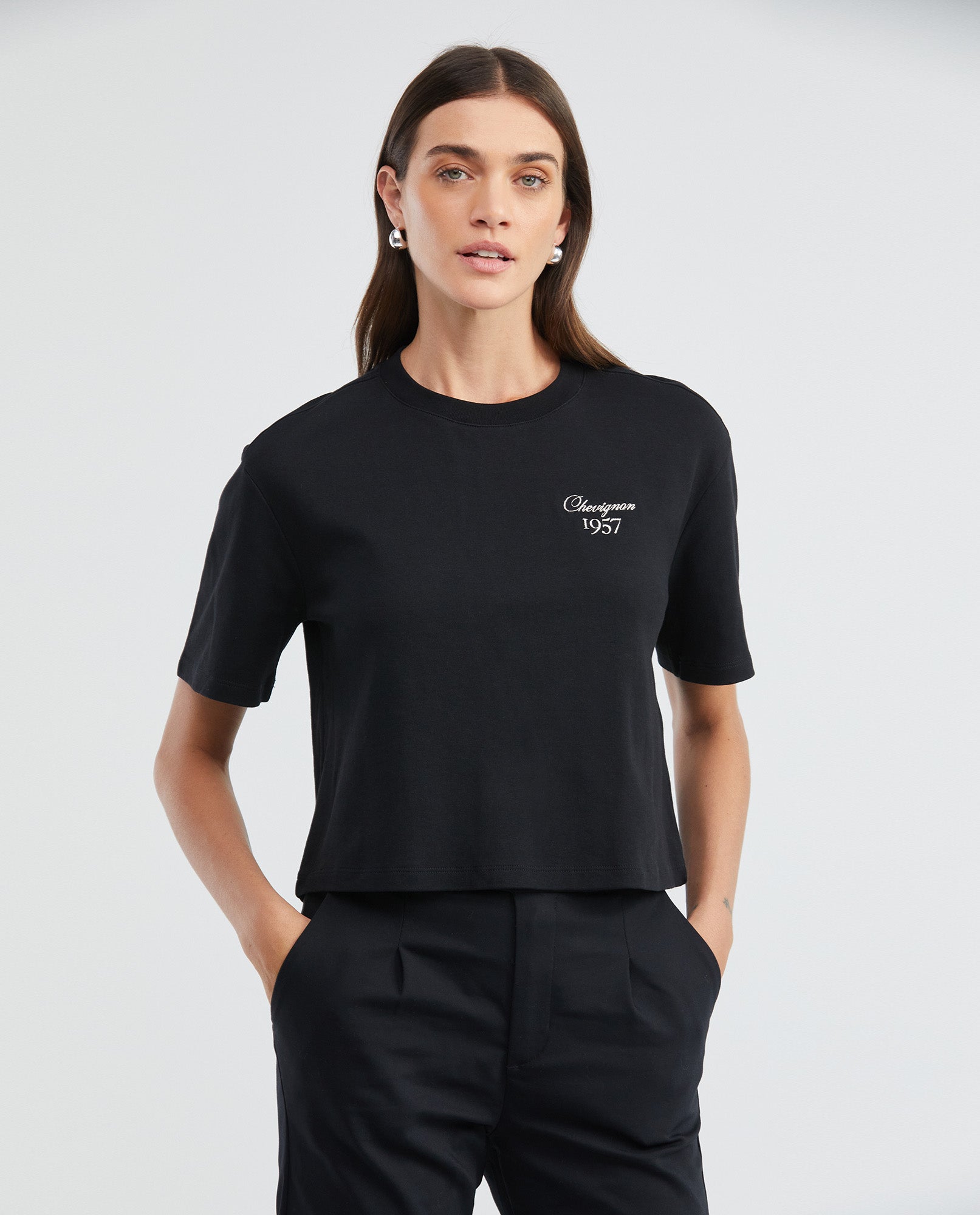 Women's Essential Oversized Crop T-Shirt High Ribbed Neck Lurex Embroidery 100% Cotton 63_704F001_NEG194007_0