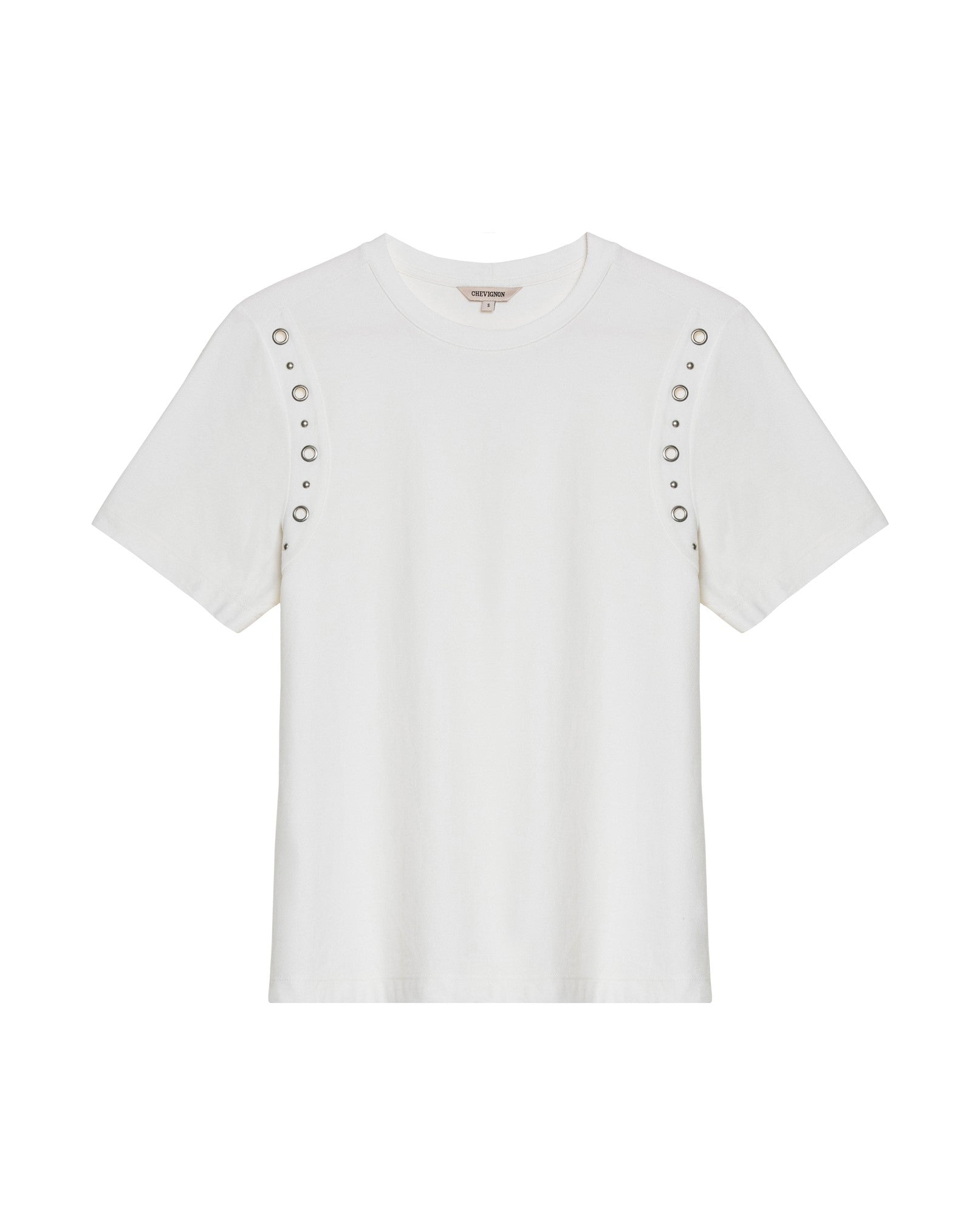 Women's Short Sleeve Slim Fit Metal Detail T-shirt in Cotton, Nocturne - 1