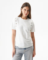 Women's Short Sleeve Slim Fit Metal Detail T-shirt in Cotton, Nocturne - 2