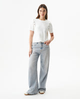 Women's Short Sleeve Slim Fit Metal Detail T-shirt in Cotton, Nocturne - 3