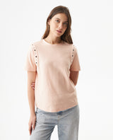 Women's Short Sleeve Slim Fit Metal Detail T-shirt in Cotton, Nocturne - 2