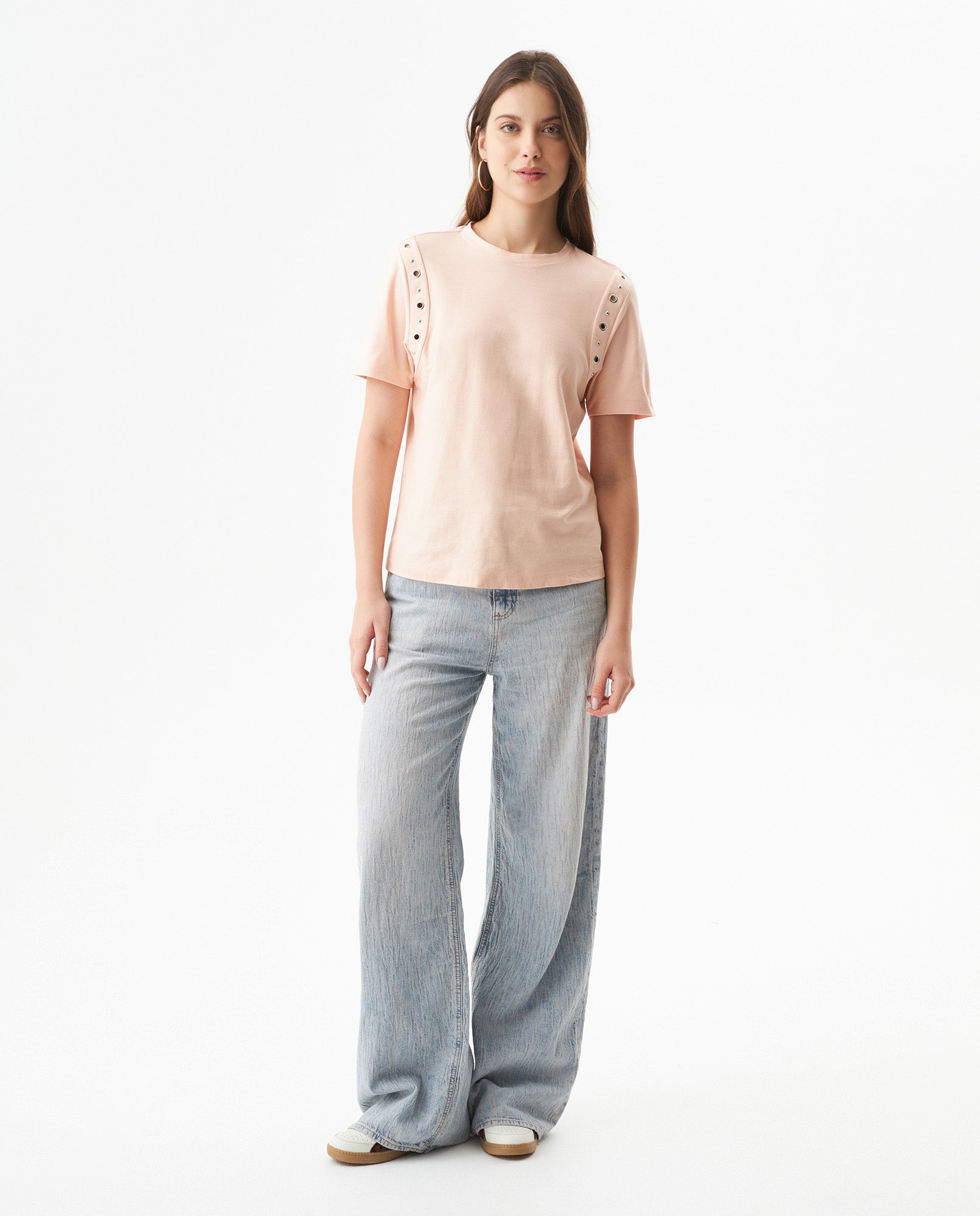 Women's Short Sleeve Slim Fit Metal Detail T-shirt in Cotton, Nocturne - 3