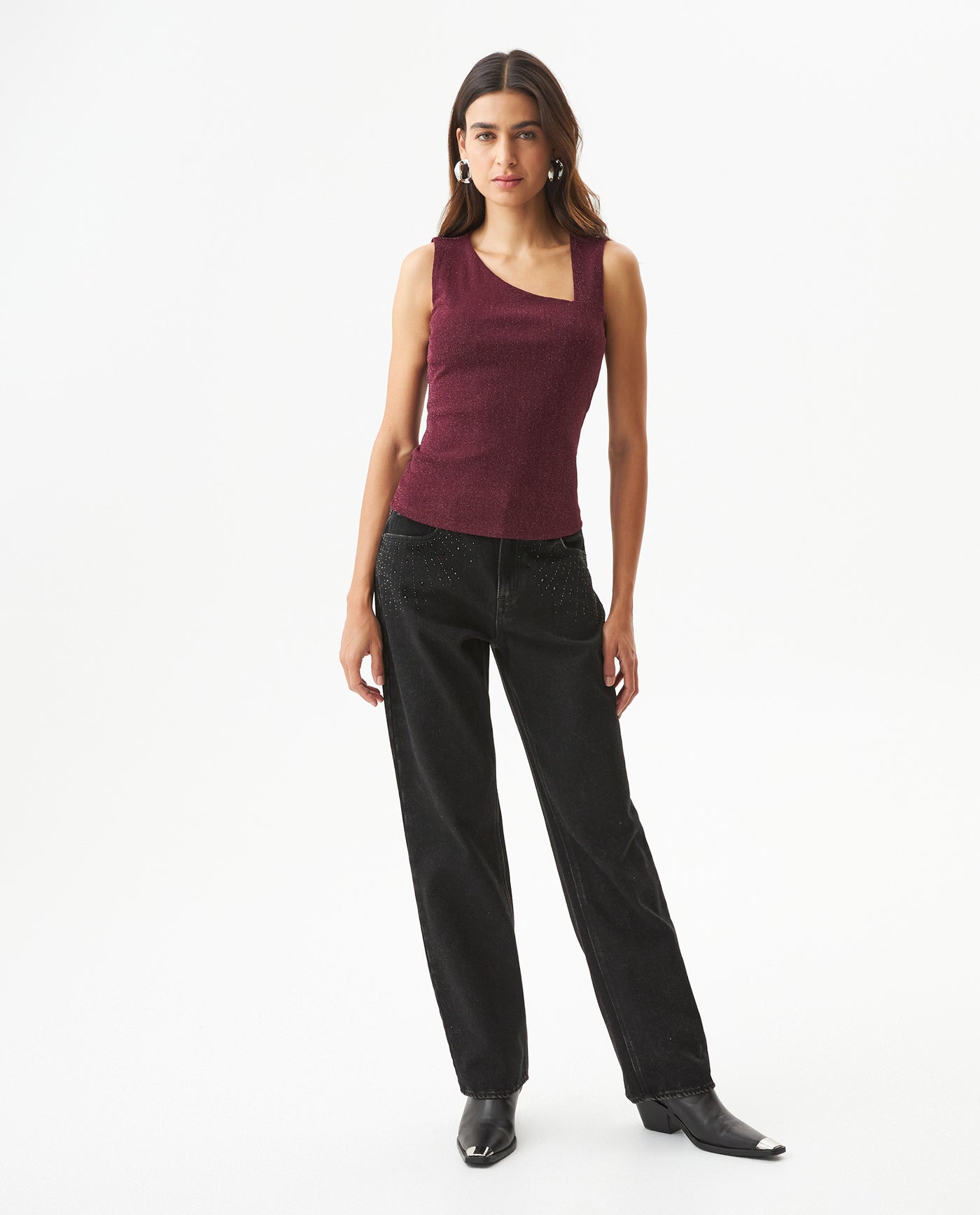 Women's Asymmetric Sleeveless Shimmer T-shirt Slim Fit in Nylon Blend, Evening  - 3