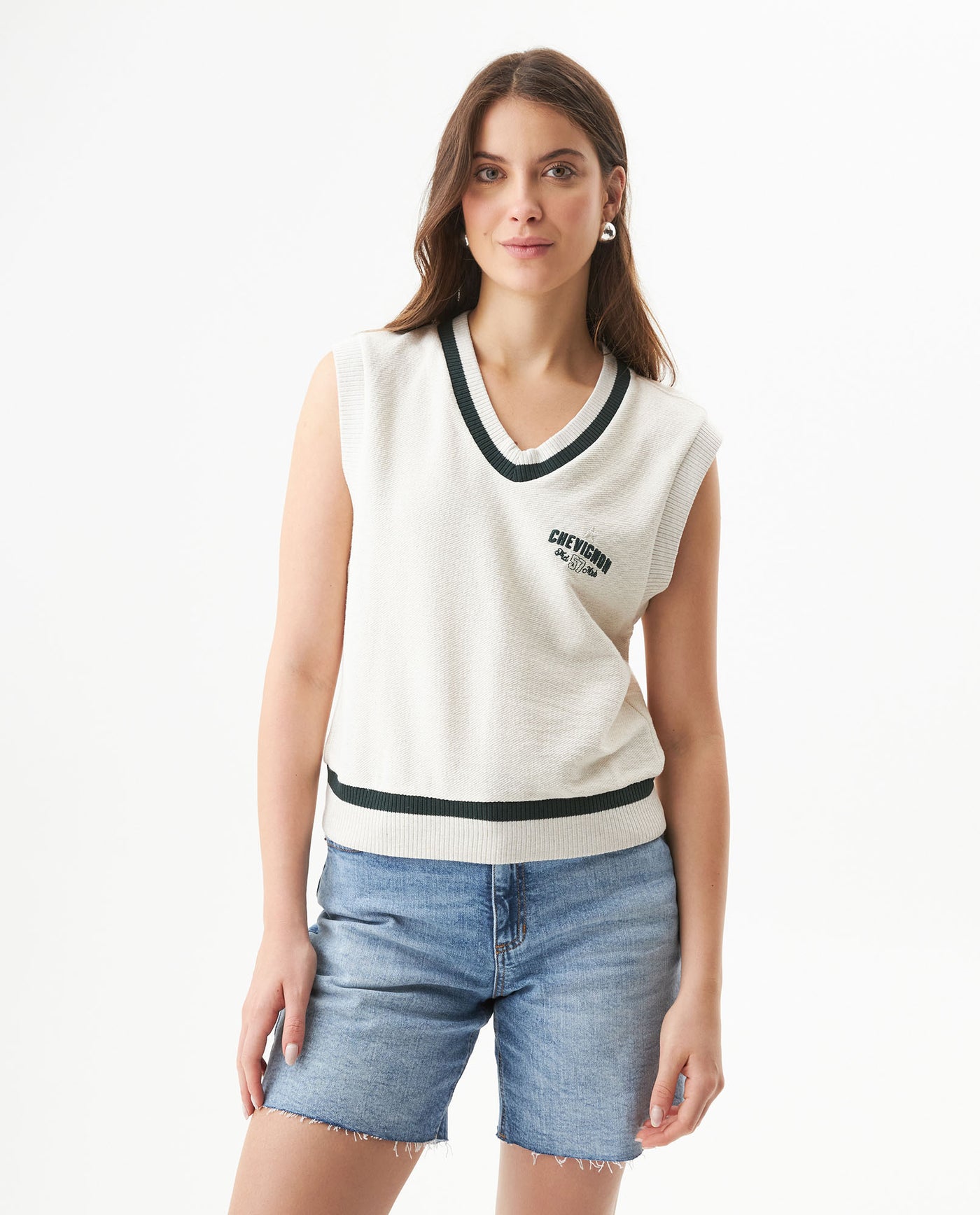 Women's Contrast Stripe Relaxed Fit Vest in Cotton-Polyester Blend, Waypoint 709G024 - 1