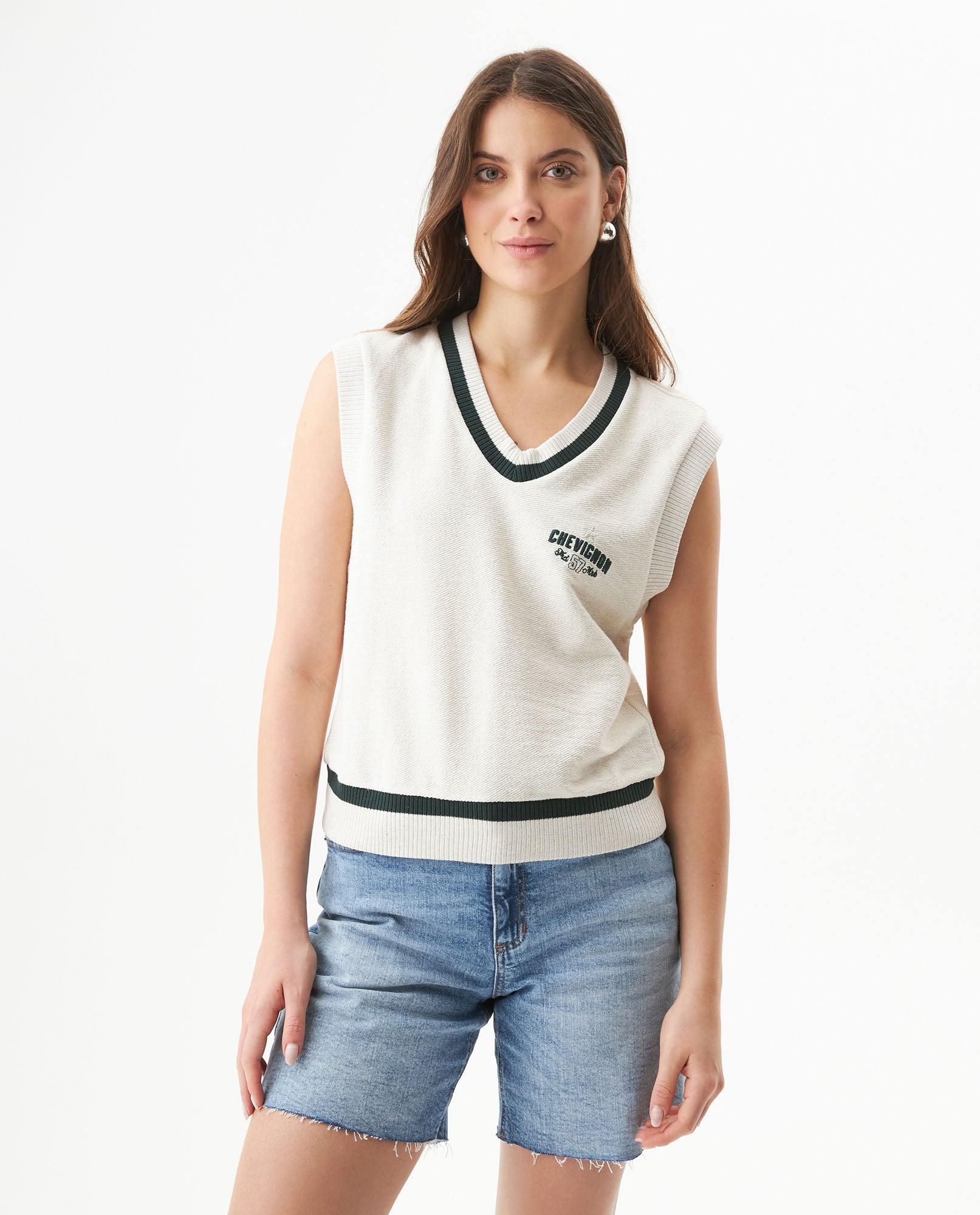 Women's Contrast Stripe Relaxed Fit Vest in Cotton-Polyester Blend, Waypoint 709G024 - 1