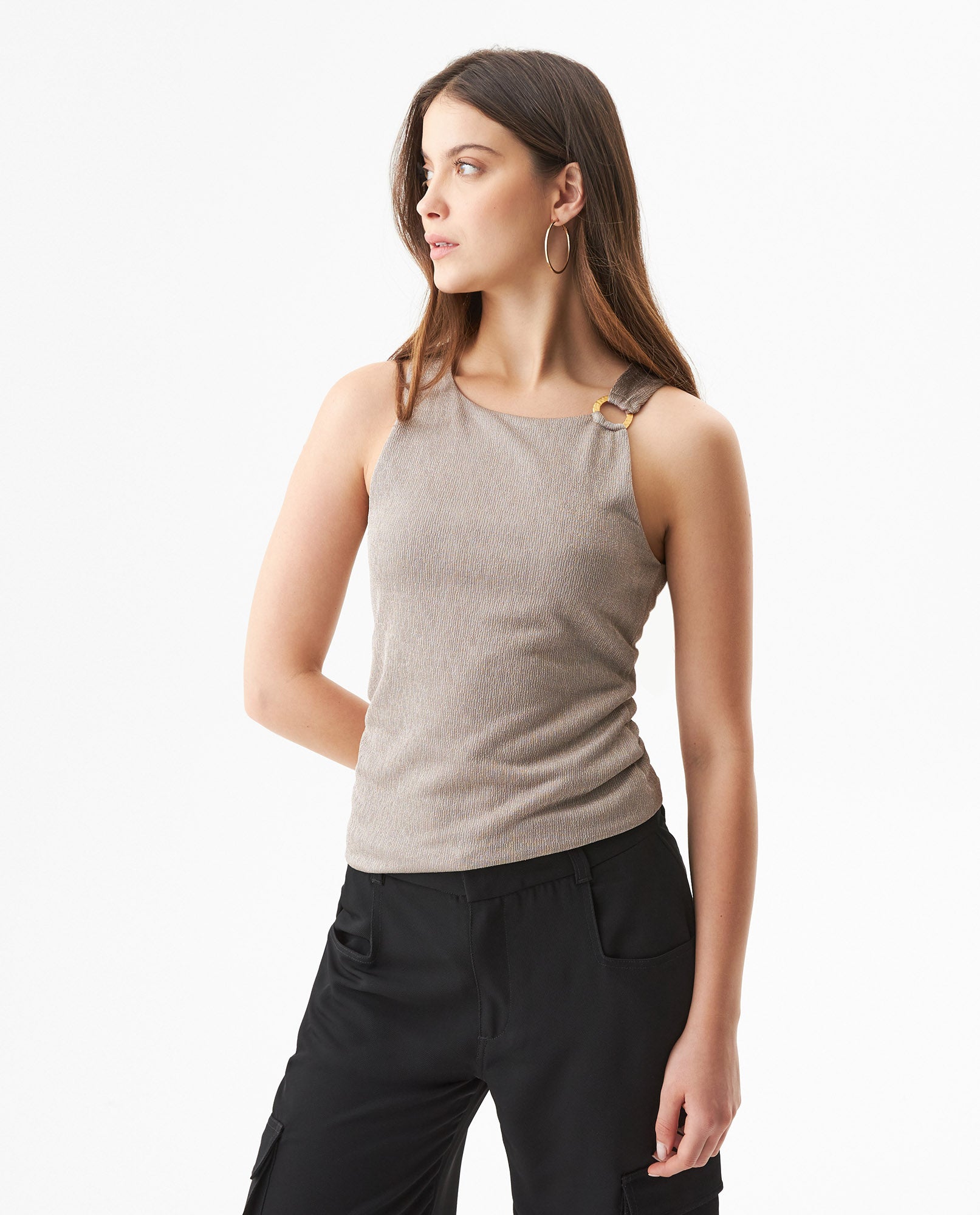 Women's Metal Ring Fitted Sleeveless Top in Polyester Stretch Blend 709G027 - 1