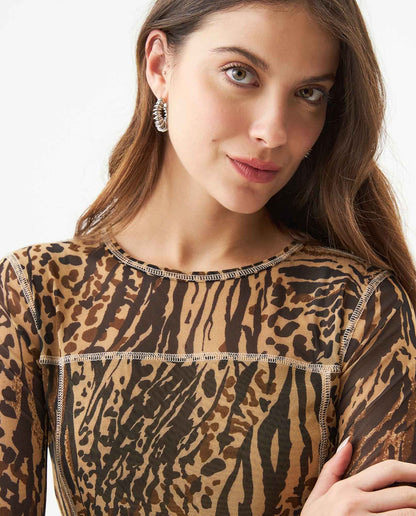 Women's Long Sleeve Sheer Top - Beige - 4