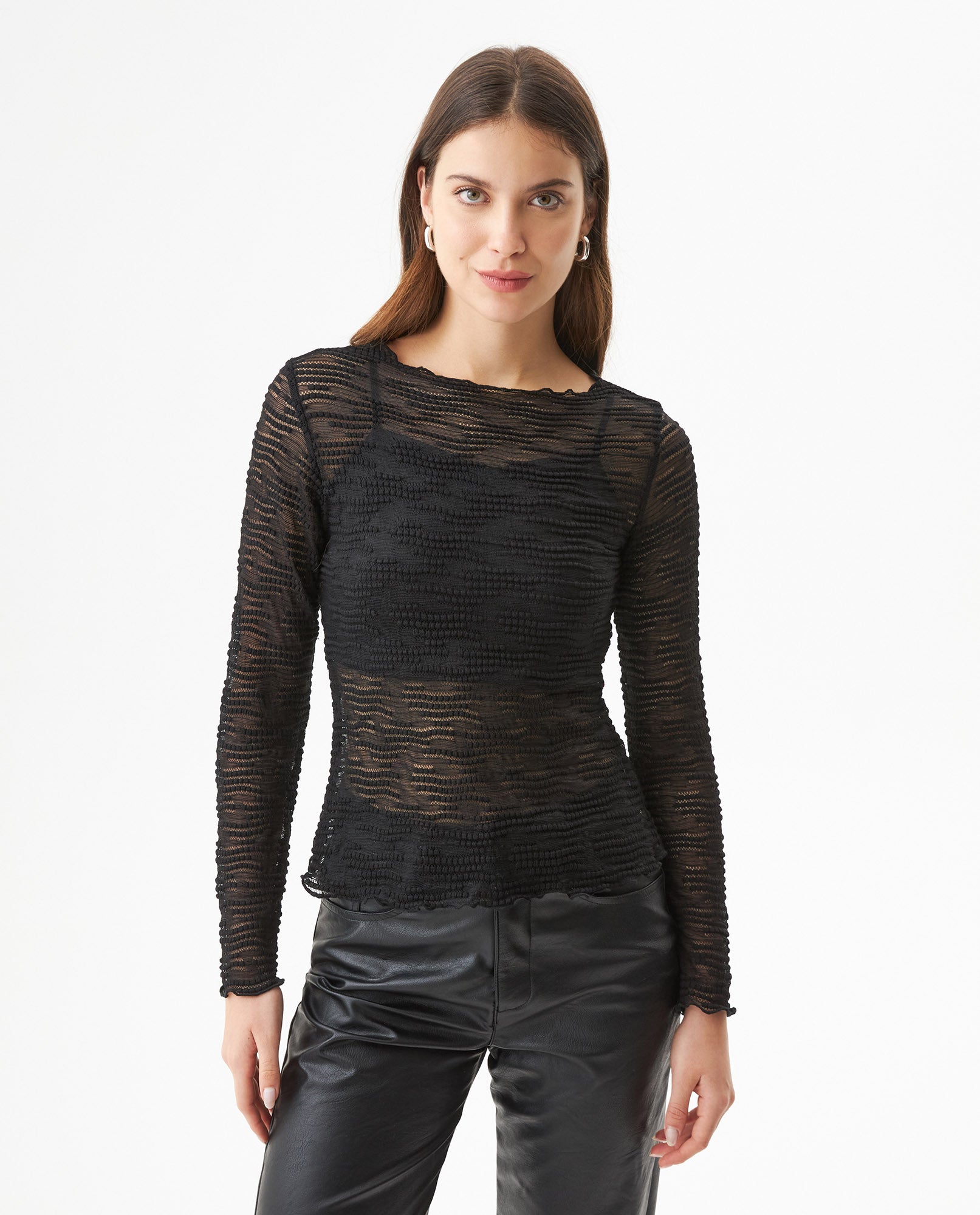 Women's Long Sleeve See-through Top - Black 709G048 - 1